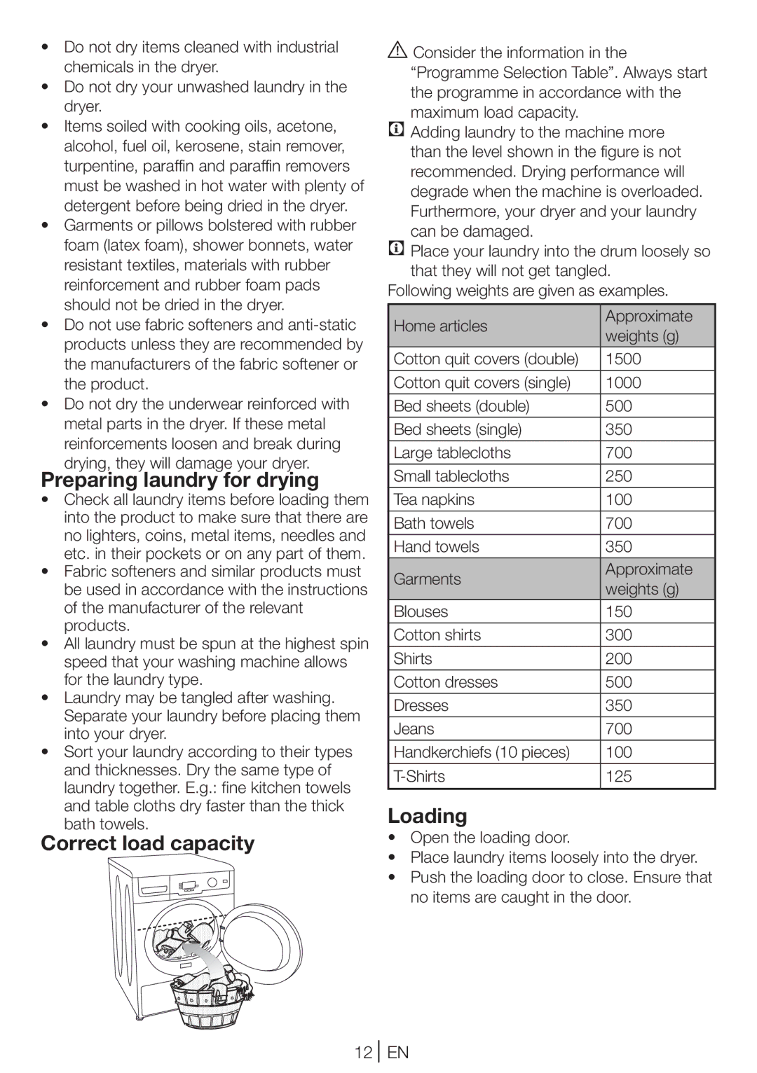 Beko DCU 6130B manual Preparing laundry for drying, Correct load capacity, Loading, Drying, they will damage your dryer 