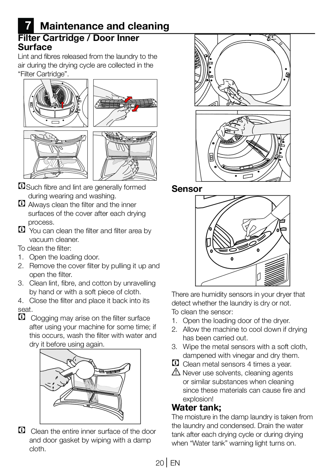 Beko DCU 6130S, DCU 6130B, DCU 6130W Maintenance and cleaning, Filter Cartridge / Door Inner Surface, Sensor, Water tank 