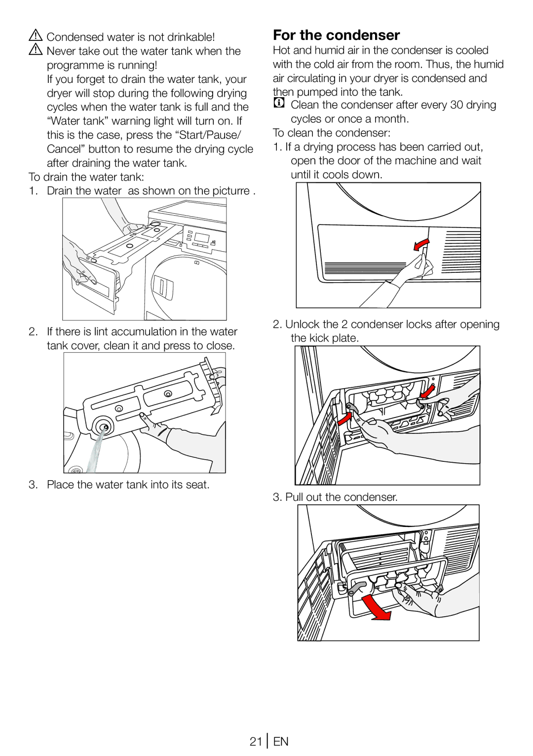 Beko DCU 6130B, DCU 6130W, DCU 6130S manual For the condenser, Place the water tank into its seat 