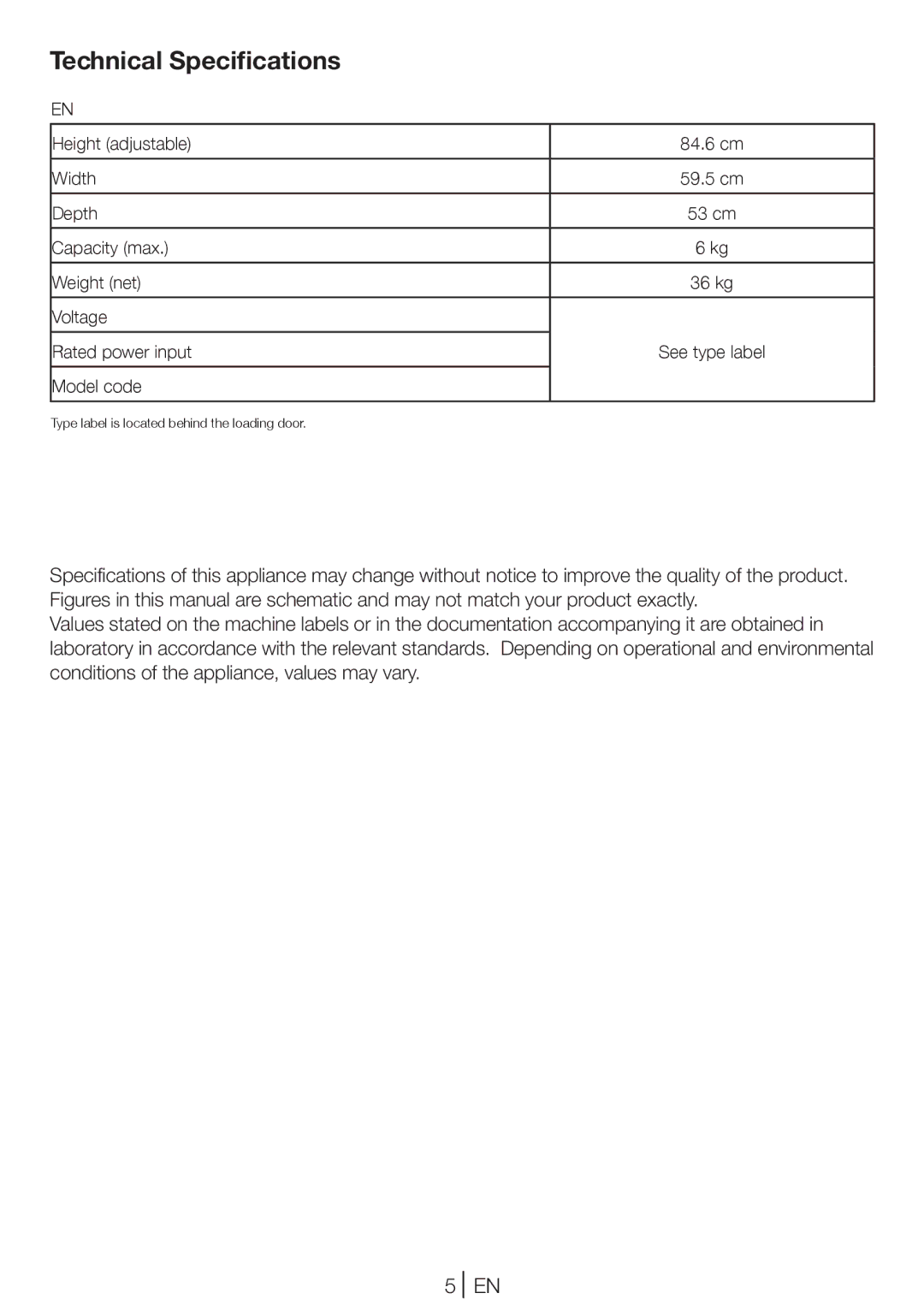 Beko DCU 6130S, DCU 6130B, DCU 6130W manual Technical Specifications 