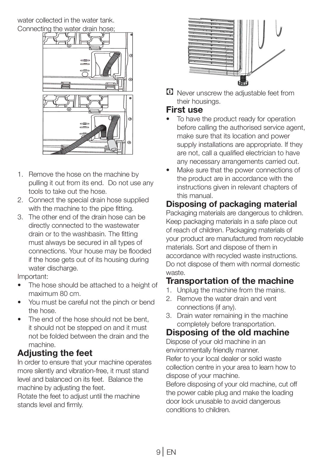 Beko DCU 6130B, DCU 6130W Adjusting the feet, First use, Disposing of packaging material, Transportation of the machine 