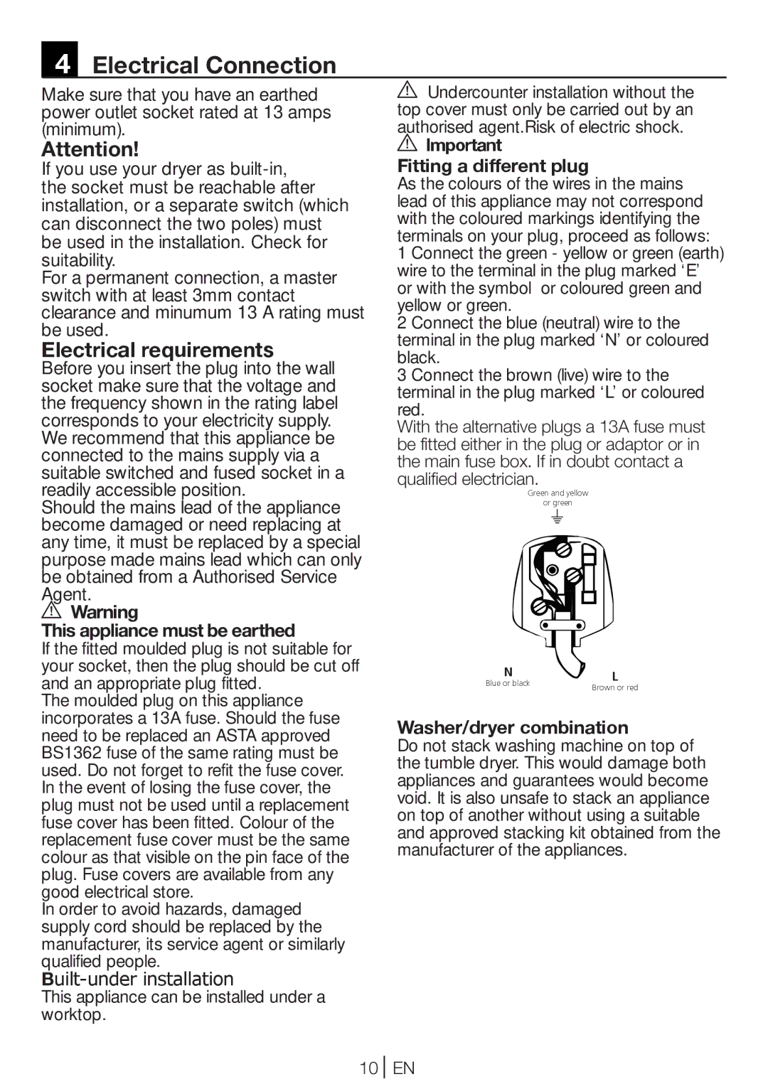 Beko DCU 7230 Electrical Connection, Electrical requirements, This appliance must be earthed, Fitting a different plug 