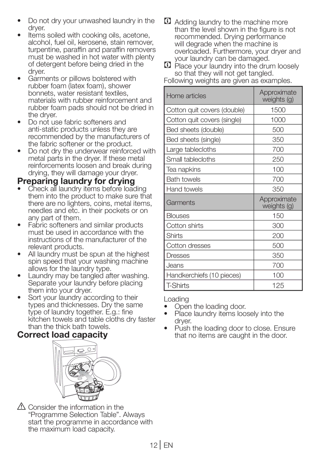 Beko DCU 7230 manual Preparing laundry for drying, Correct load capacity, Following weights are given as examples 