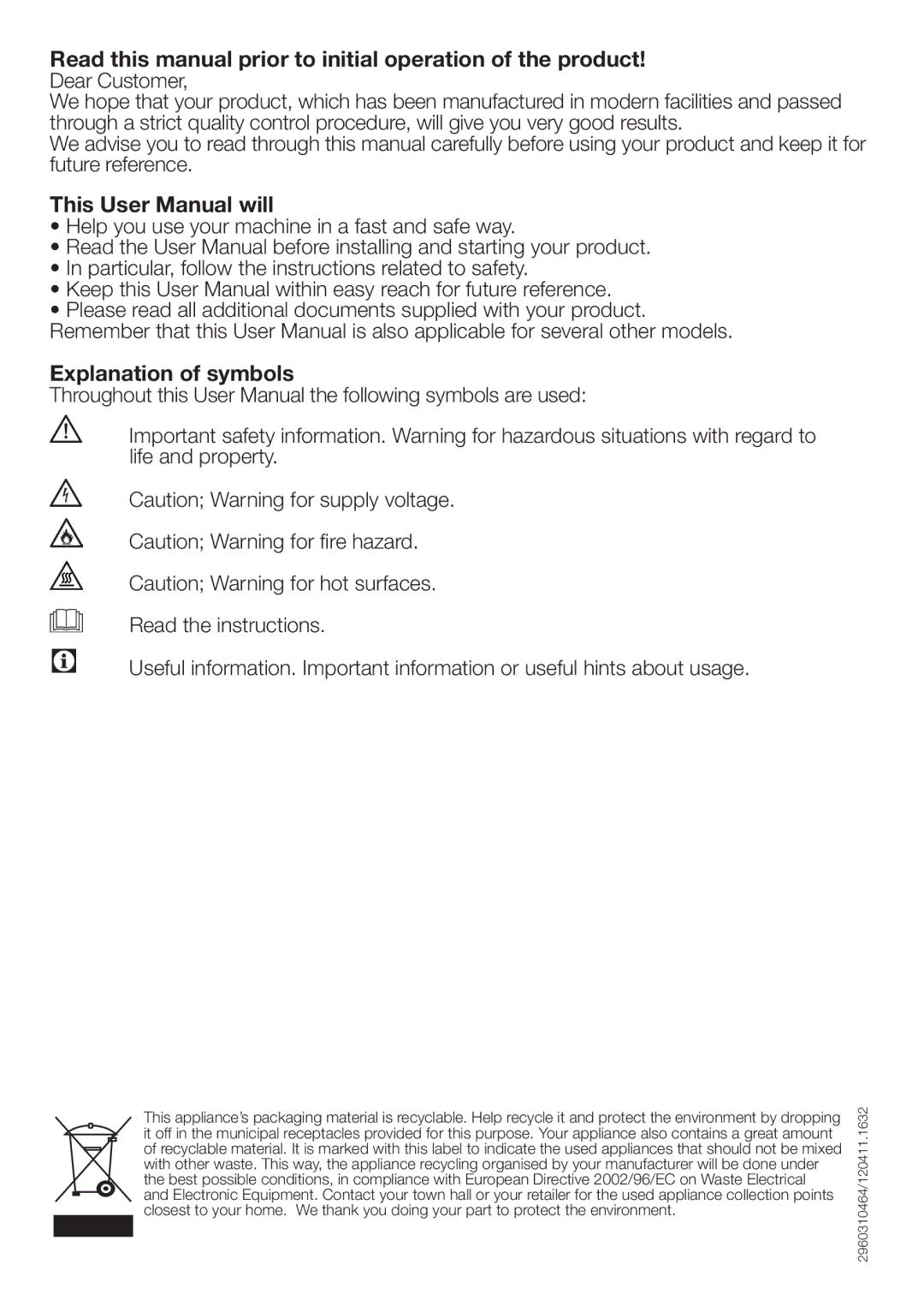 Beko DCU 7230 Read this manual prior to initial operation of the product, Explanation of symbols 