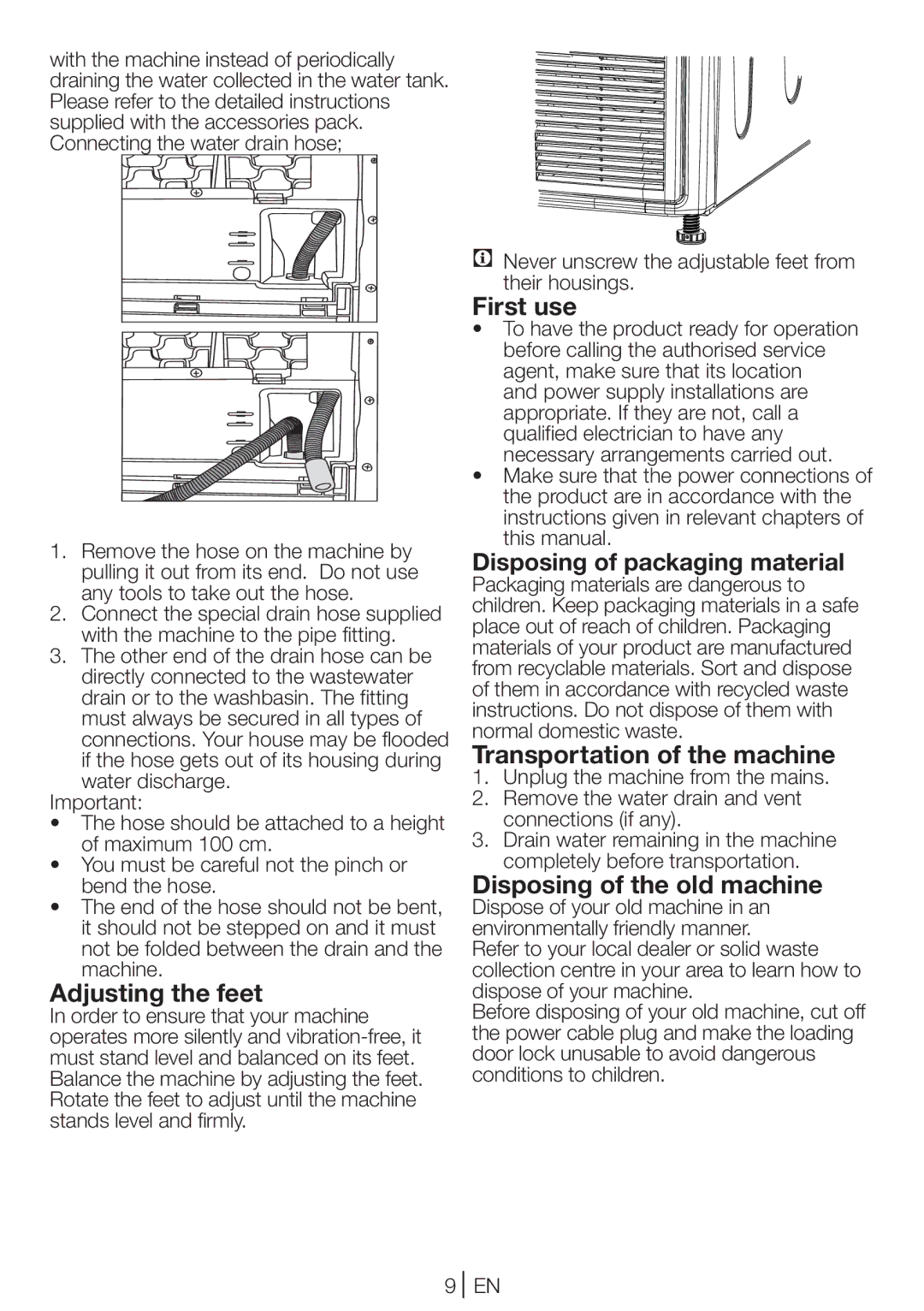 Beko DCU 7230 manual Adjusting the feet, First use, Disposing of packaging material, Transportation of the machine 