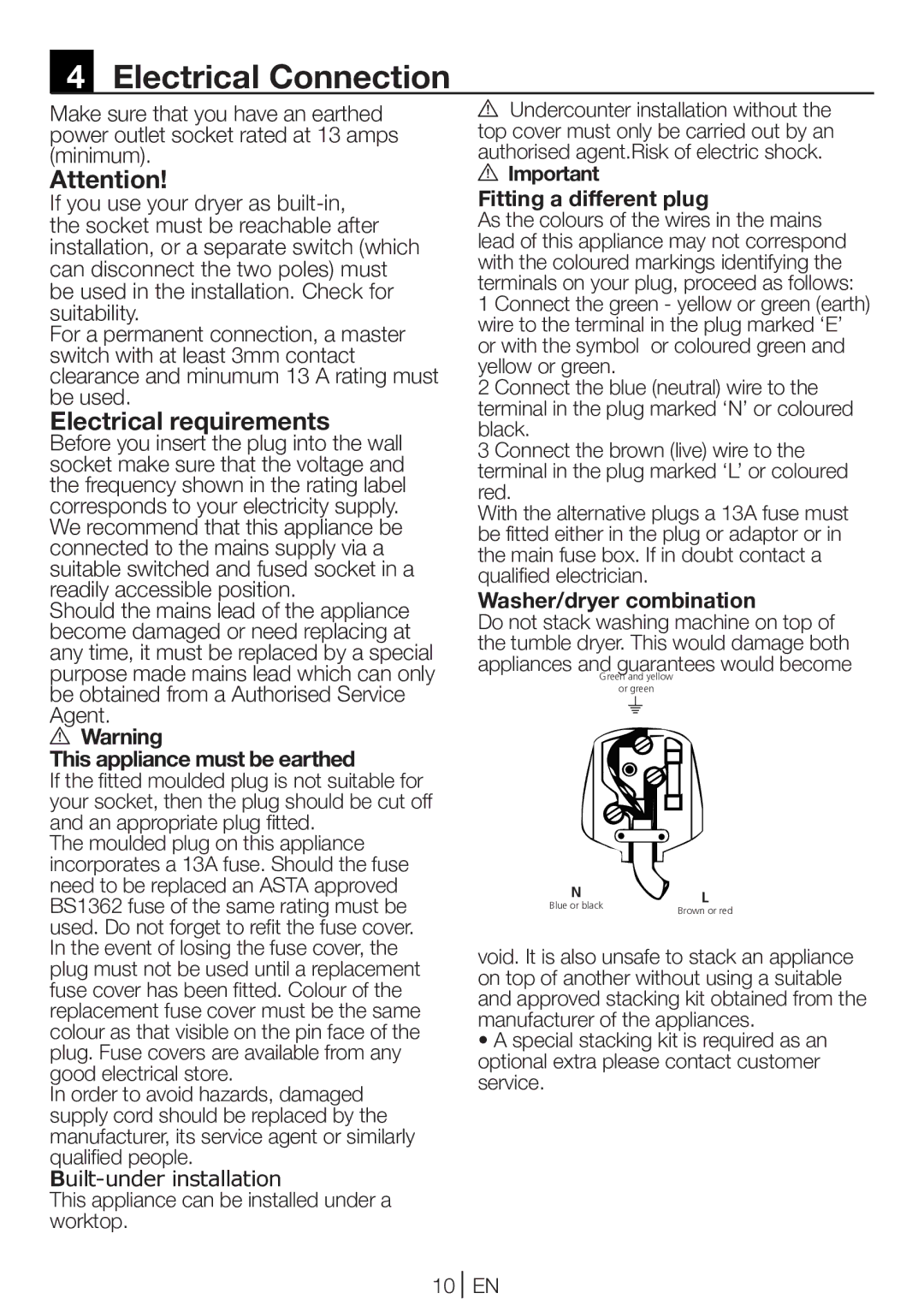 Beko DCU 8230 Electrical requirements, This appliance must be earthed, This appliance can be installed under a worktop 