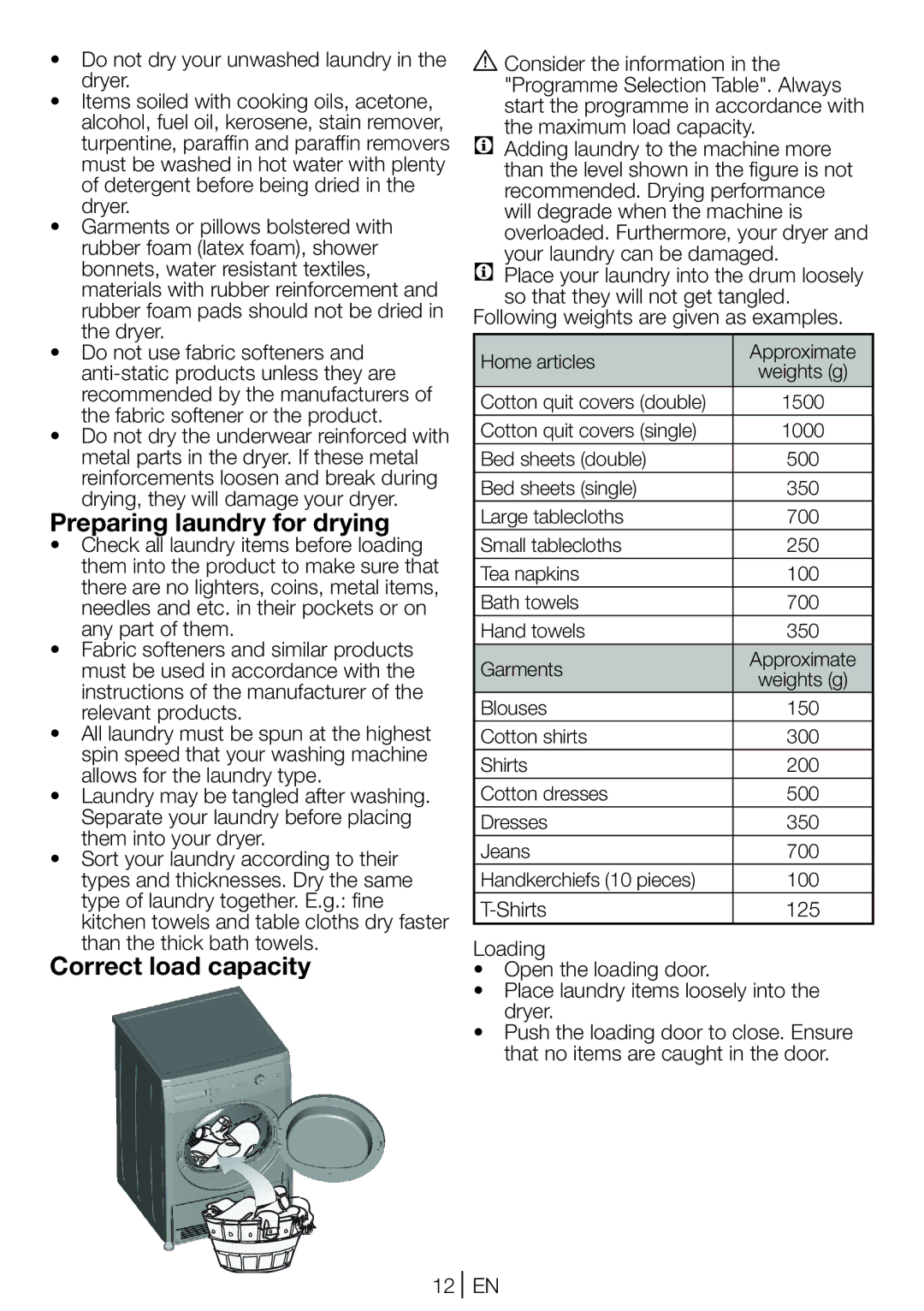 Beko DCU 8230 manual Preparing laundry for drying, Correct load capacity, Following weights are given as examples 