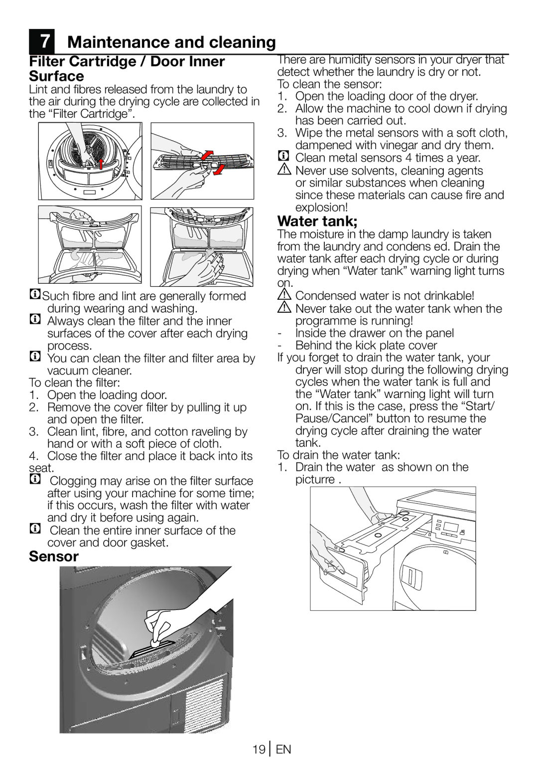 Beko DCU 8230 manual Maintenance and cleaning, Filter Cartridge / Door Inner Surface, Sensor, Water tank 