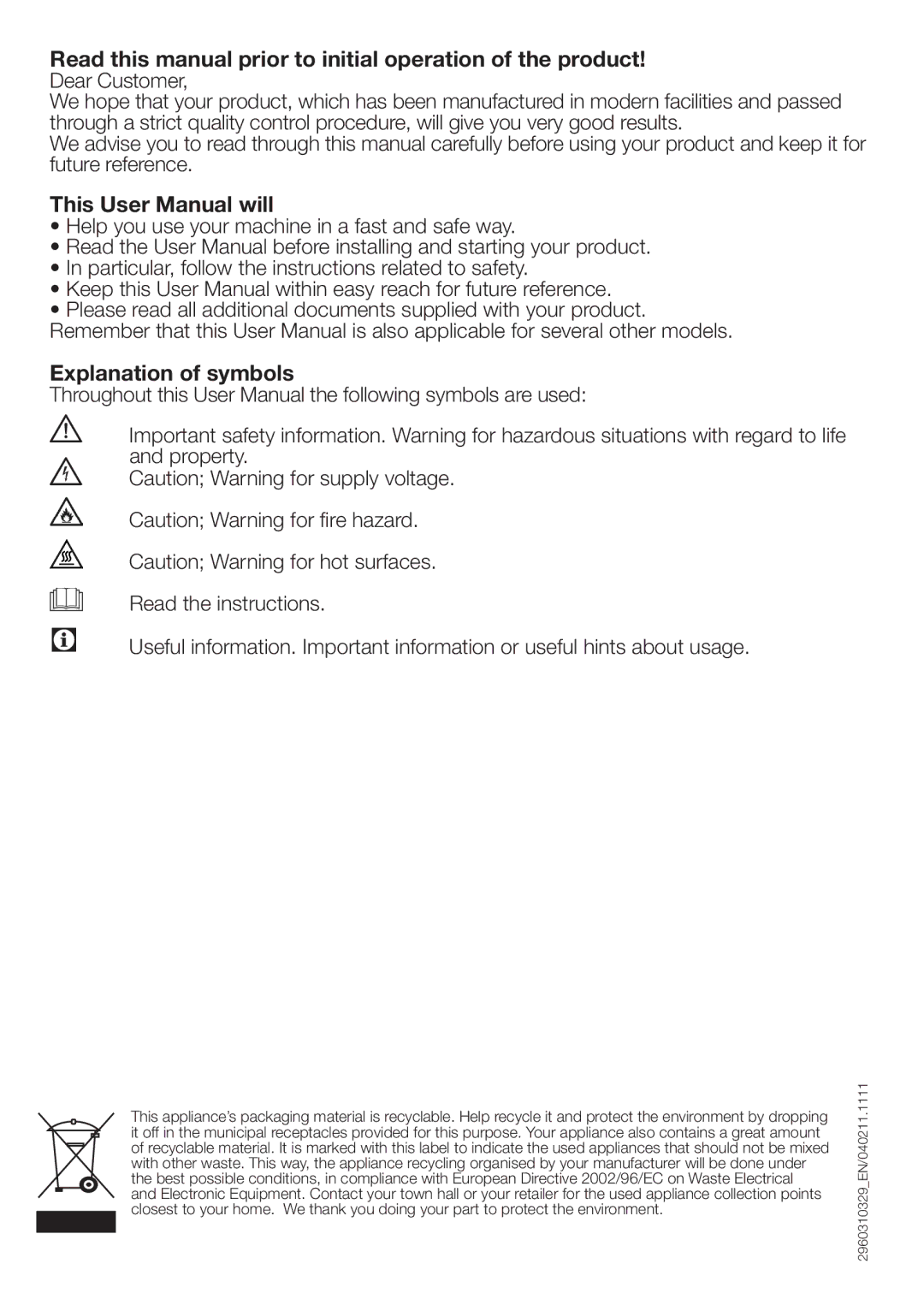 Beko DCU 8230 Read this manual prior to initial operation of the product, Explanation of symbols 