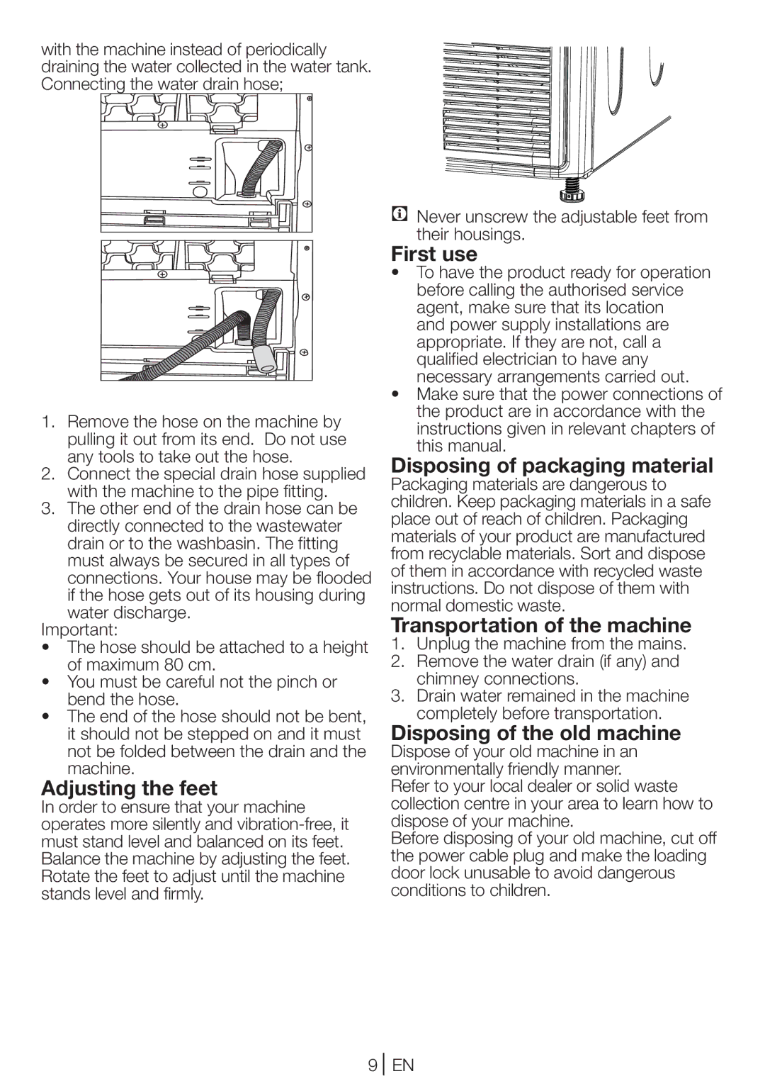 Beko DCU 8230 manual Adjusting the feet, First use, Disposing of packaging material, Transportation of the machine 