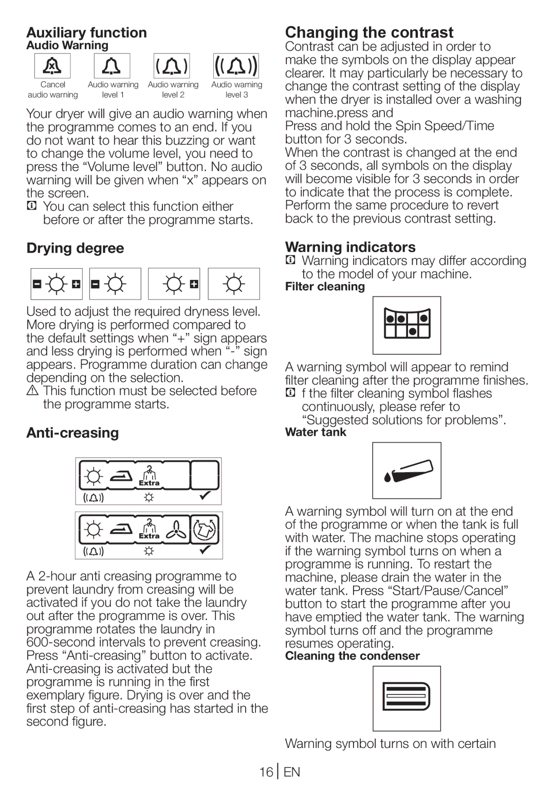 Beko DCU 8330 GX manual Changing the contrast, Auxiliary function, Drying degree, Anti-creasing 