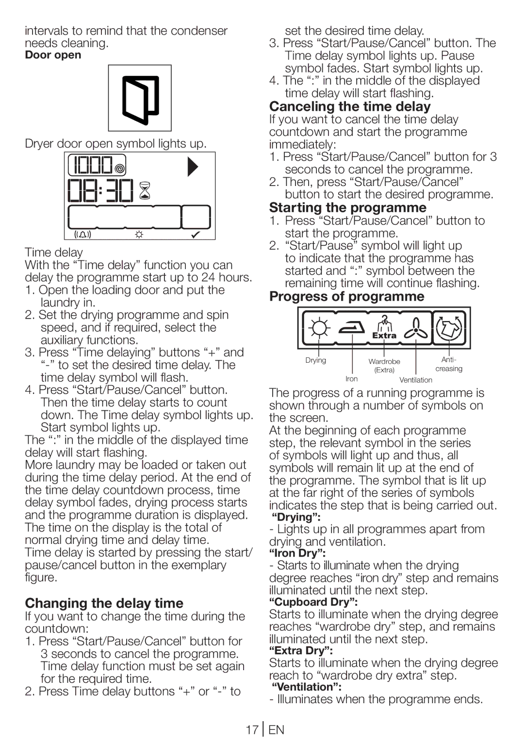 Beko DCU 8330 GX manual Changing the delay time, Canceling the time delay, Starting the programme, Progress of programme 