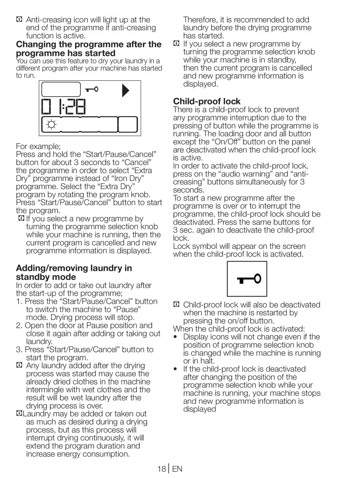 Beko DCU 8330 GX manual Changing the programme after the programme has started, Child-proof lock 