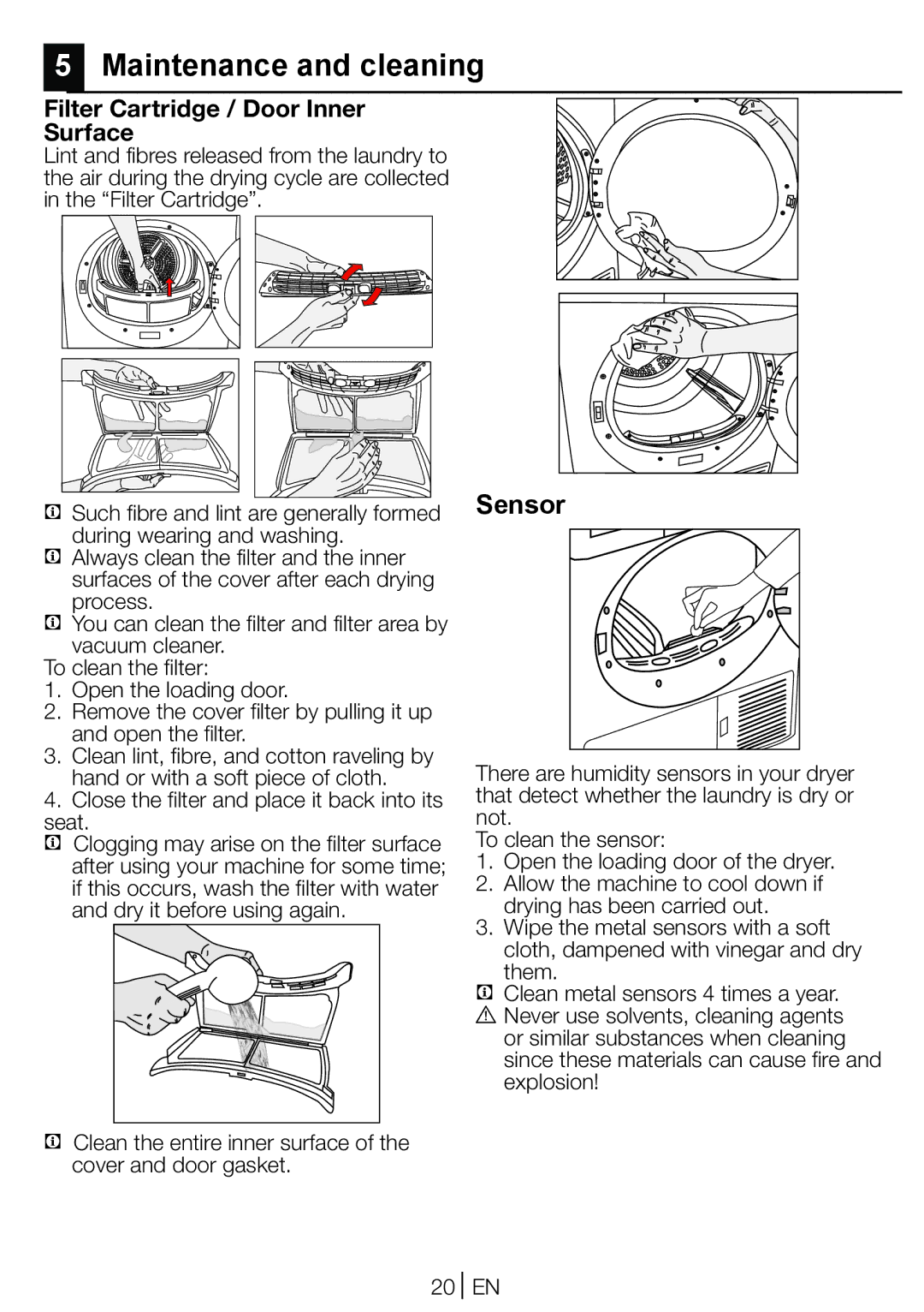 Beko DCU 8330 GX manual Sensor, Filter Cartridge / Door Inner Surface 