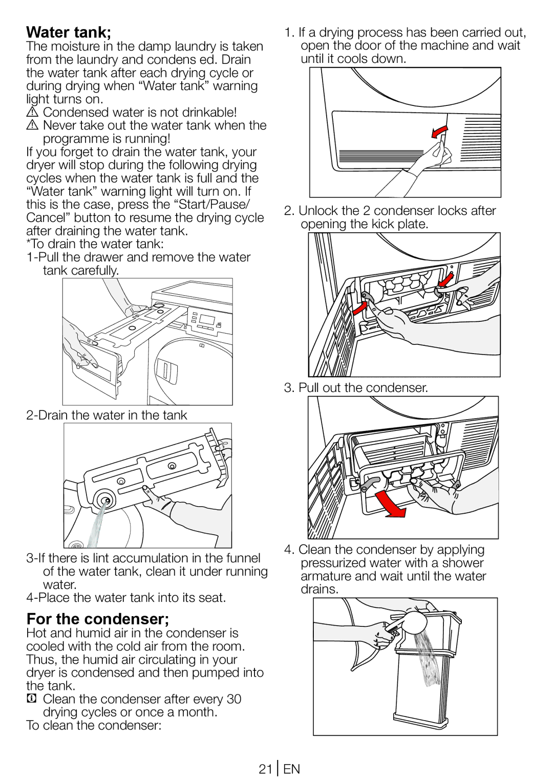 Beko DCU 8330 GX manual Water tank, For the condenser 