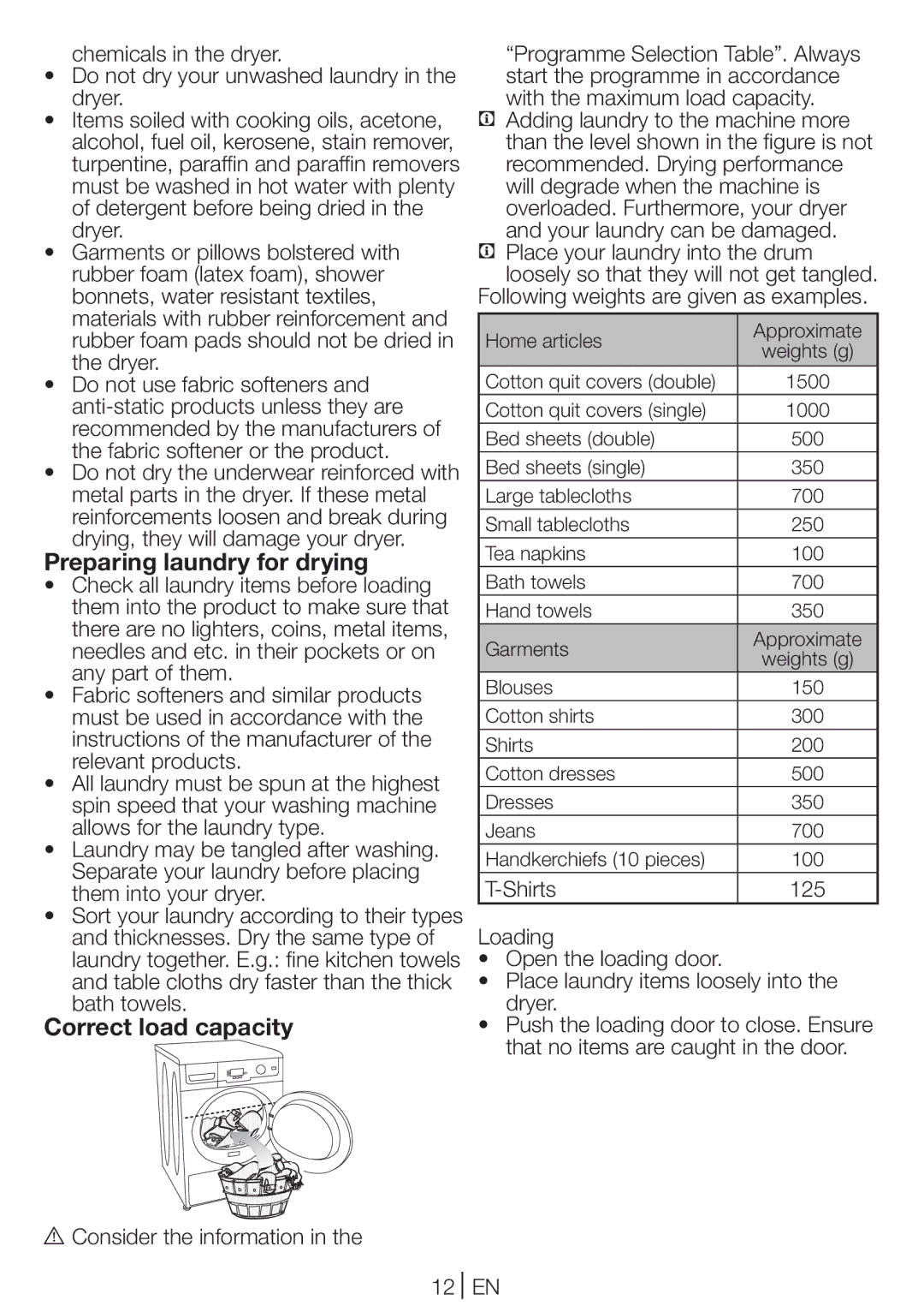 Beko DCU 9330 manual Preparing laundry for drying, Correct load capacity 