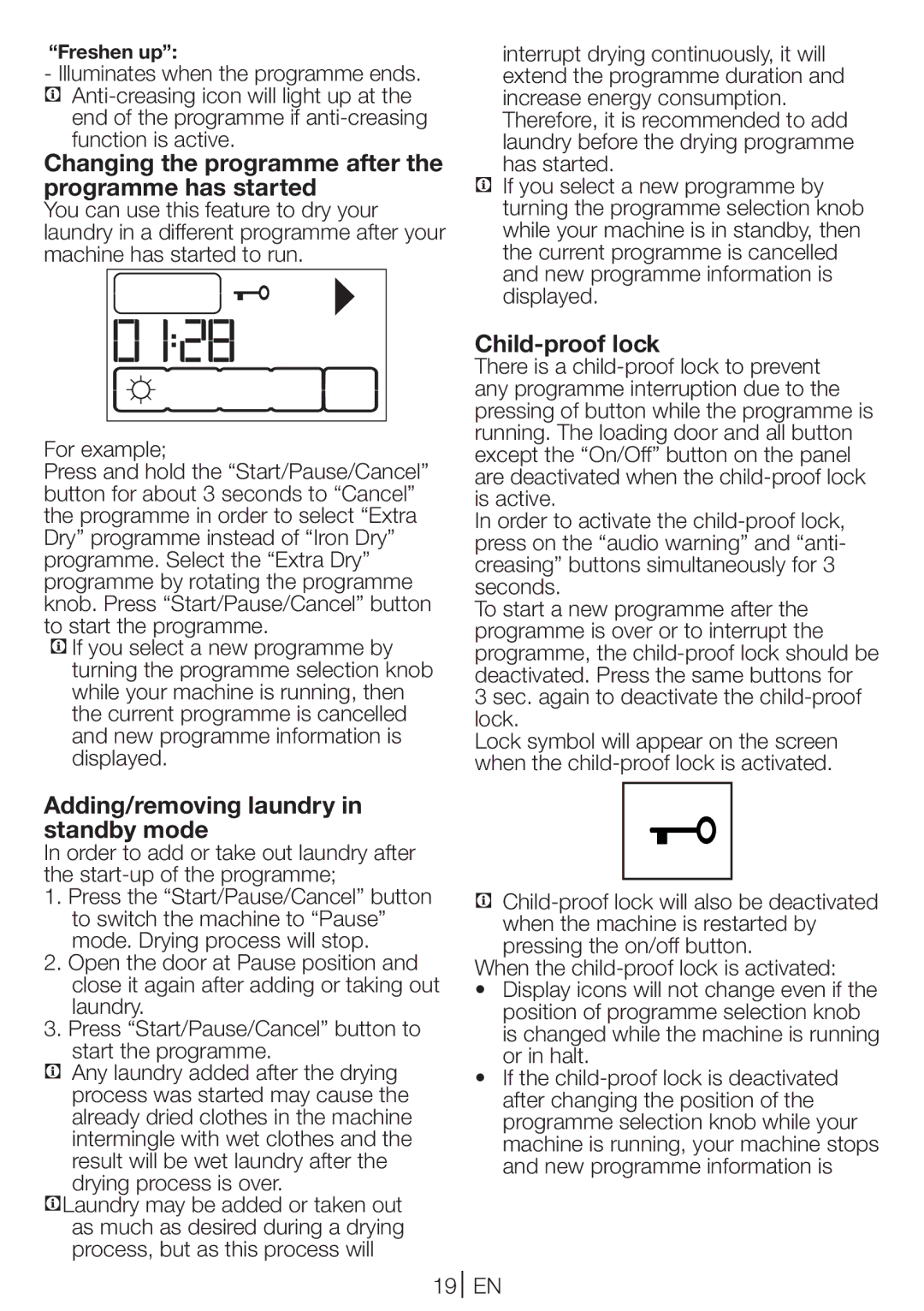 Beko DCU 9330 manual Changing the programme after the programme has started, Child-proof lock 