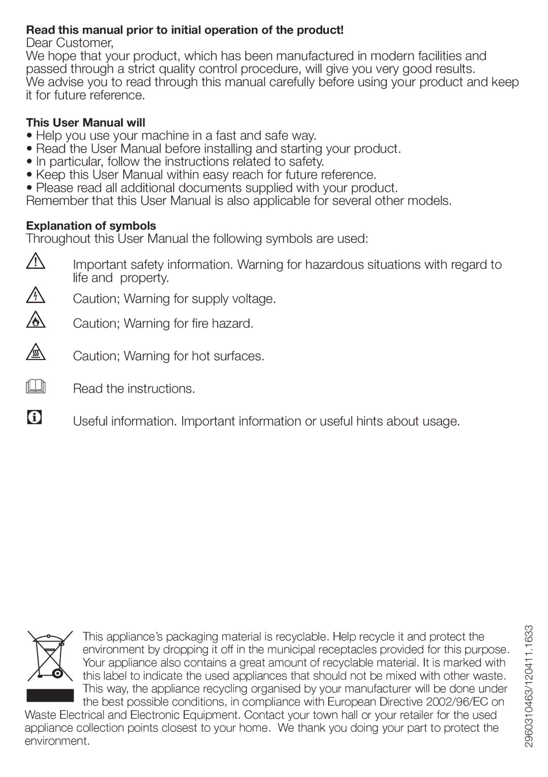 Beko DCU 9330 Read this manual prior to initial operation of the product 