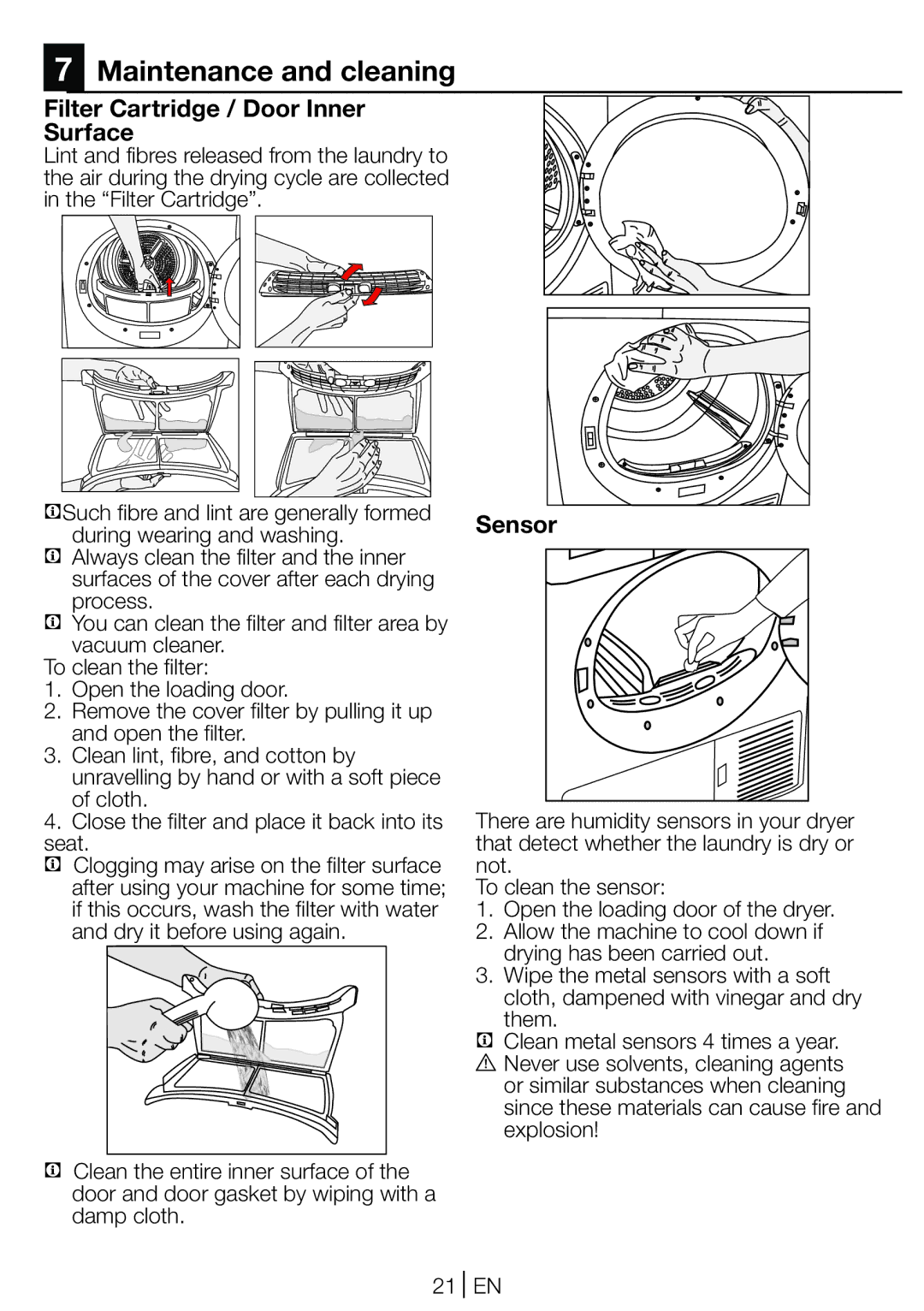 Beko DCU 9330 manual Maintenance and cleaning, Filter Cartridge / Door Inner Surface 