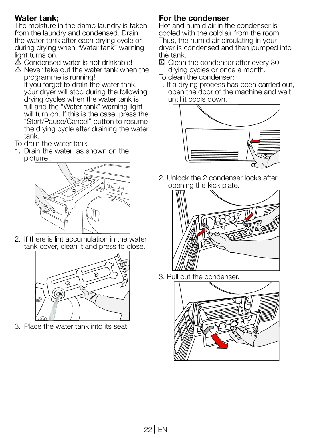 Beko DCU 9330 manual Water tank, For the condenser 