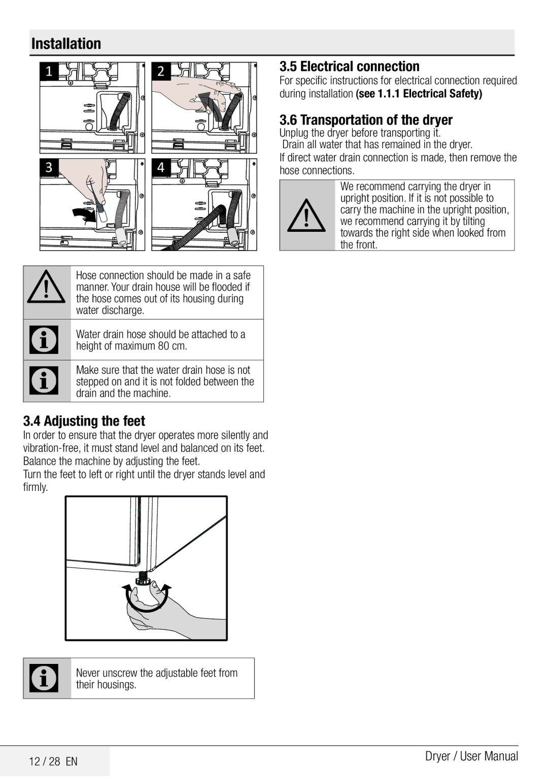 Beko DCY 8502 XB1 user manual Adjusting the feet, Electrical connection, Transportation of the dryer 