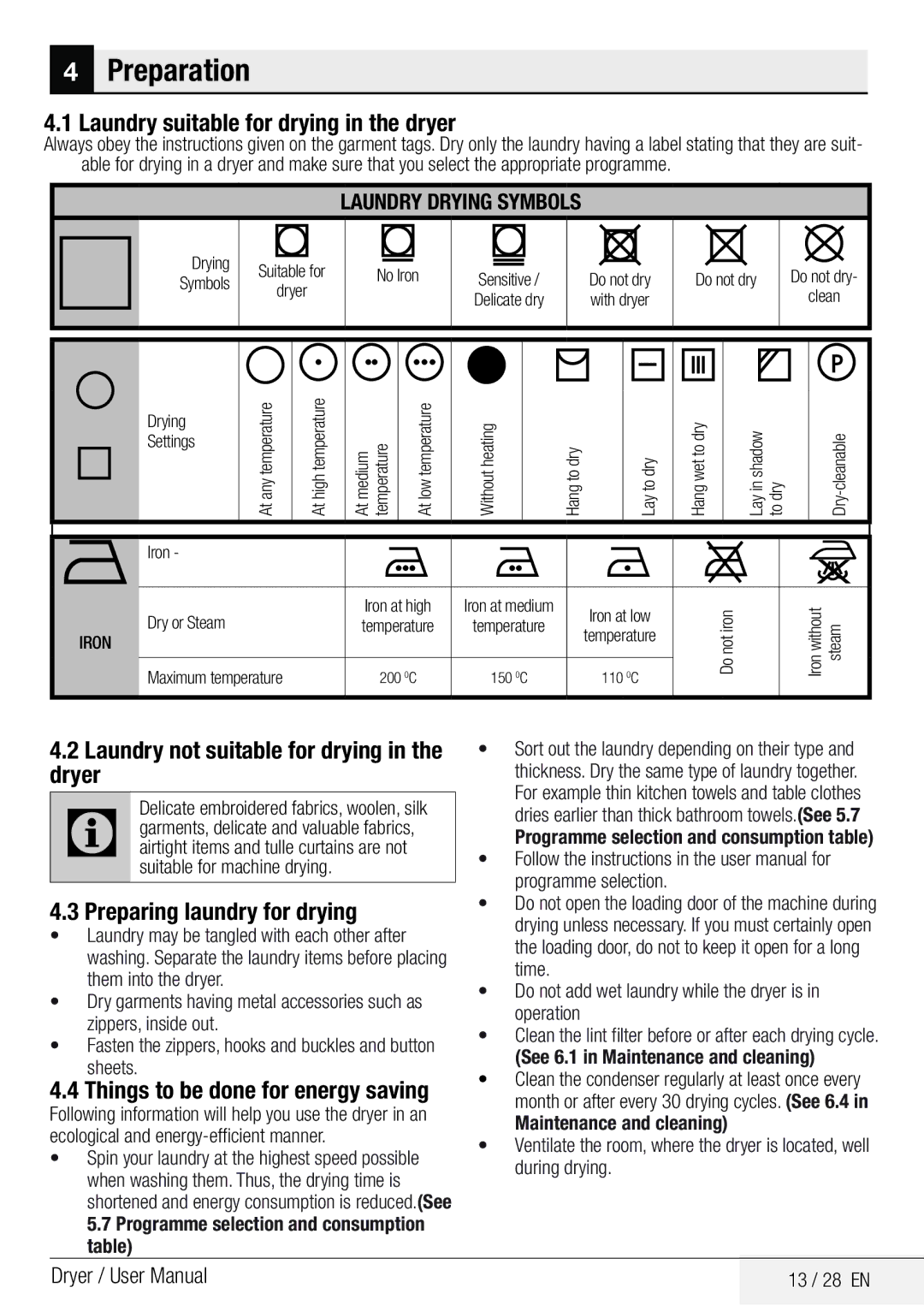 Beko DCY 8502 XB1 Preparation, Laundry suitable for drying in the dryer, Laundry not suitable for drying in the dryer 