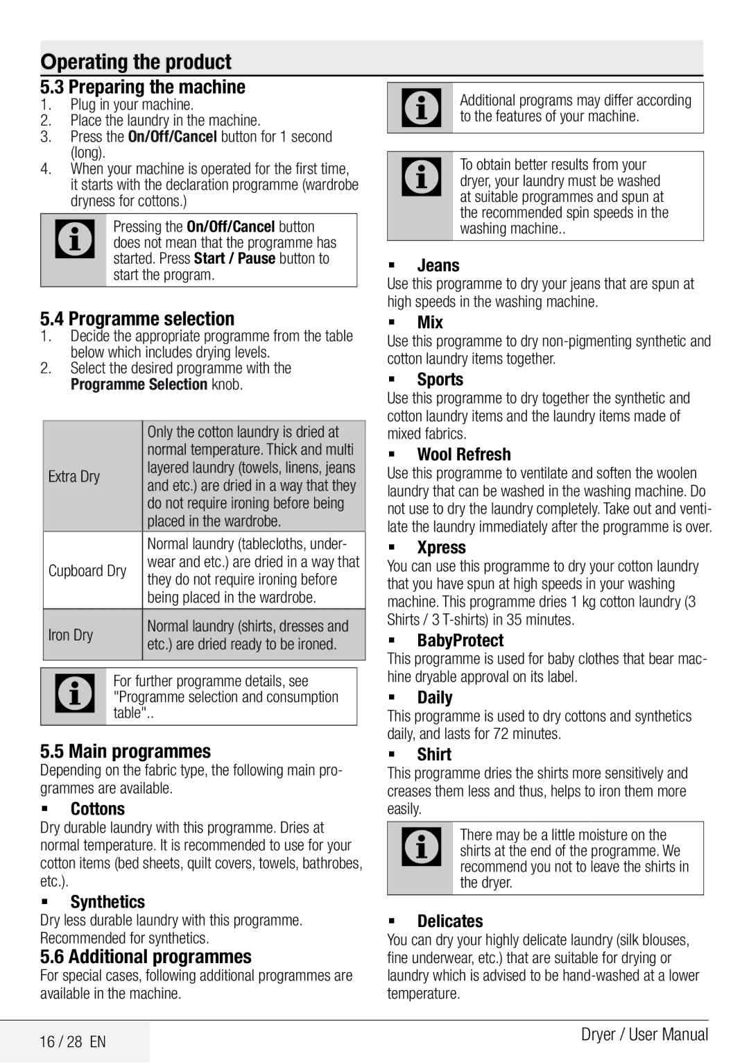 Beko DCY 8502 XB1 user manual Main programmes, Additional programmes 