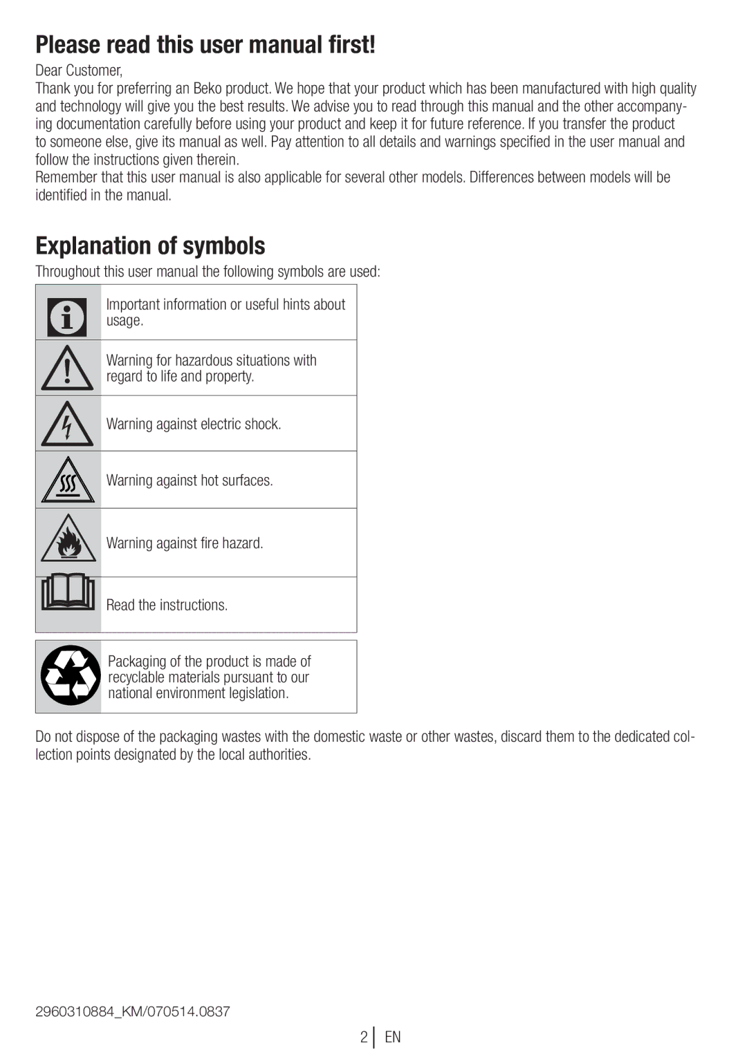 Beko DCY 8502 XB1 user manual Explanation of symbols, Dear Customer 