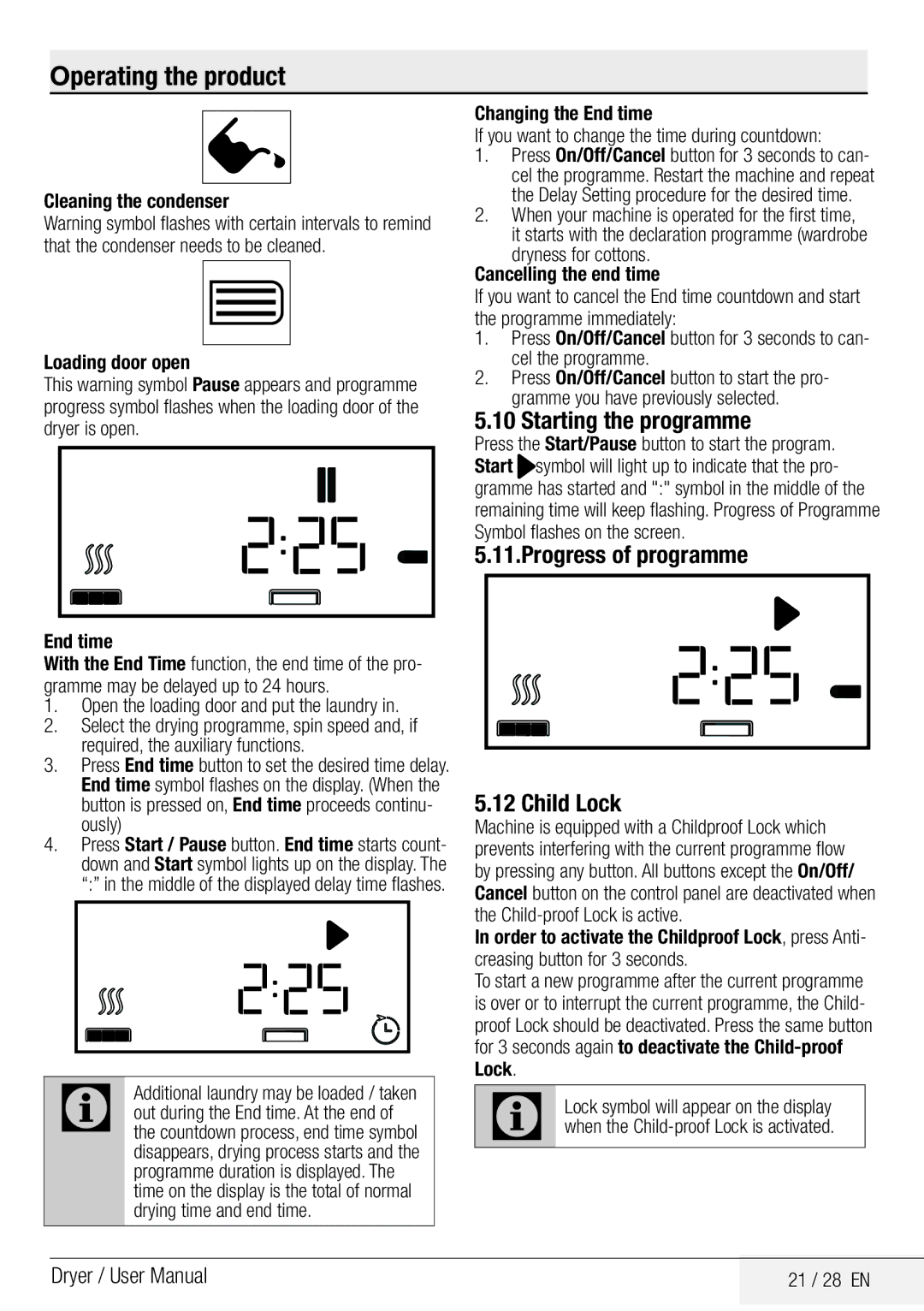 Beko DCY 8502 XB1 user manual Starting the programme, Progress of programme, Child Lock 