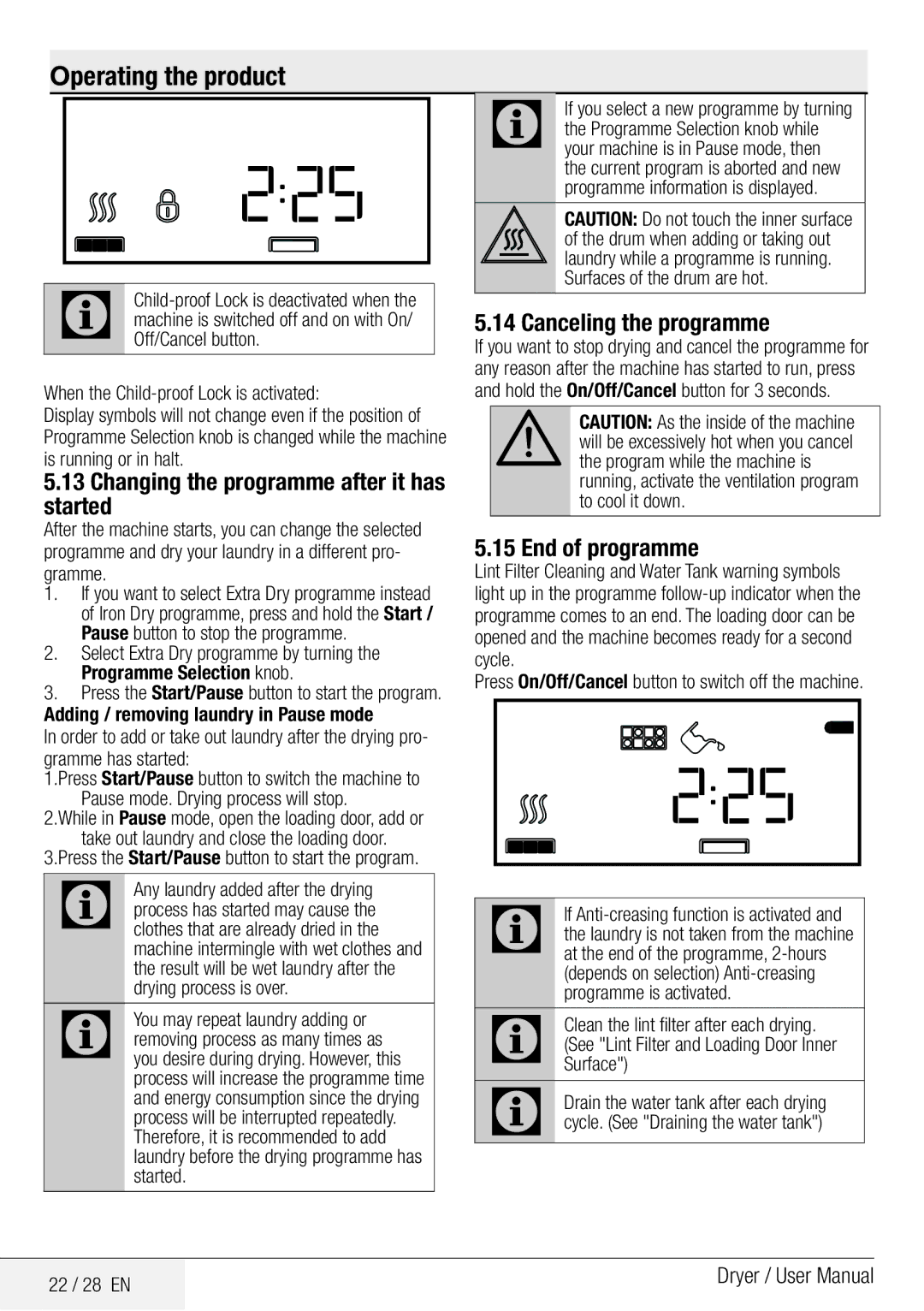 Beko DCY 8502 XB1 user manual Changing the programme after it has started, Canceling the programme, End of programme 