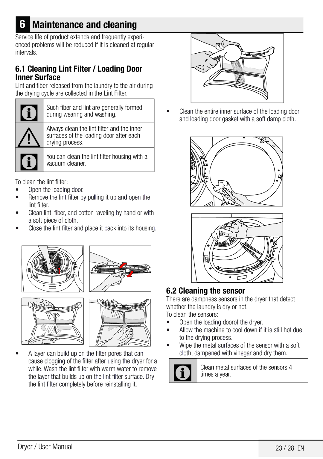 Beko DCY 8502 XB1 user manual Cleaning Lint Filter / Loading Door Inner Surface, Cleaning the sensor, To clean the sensors 