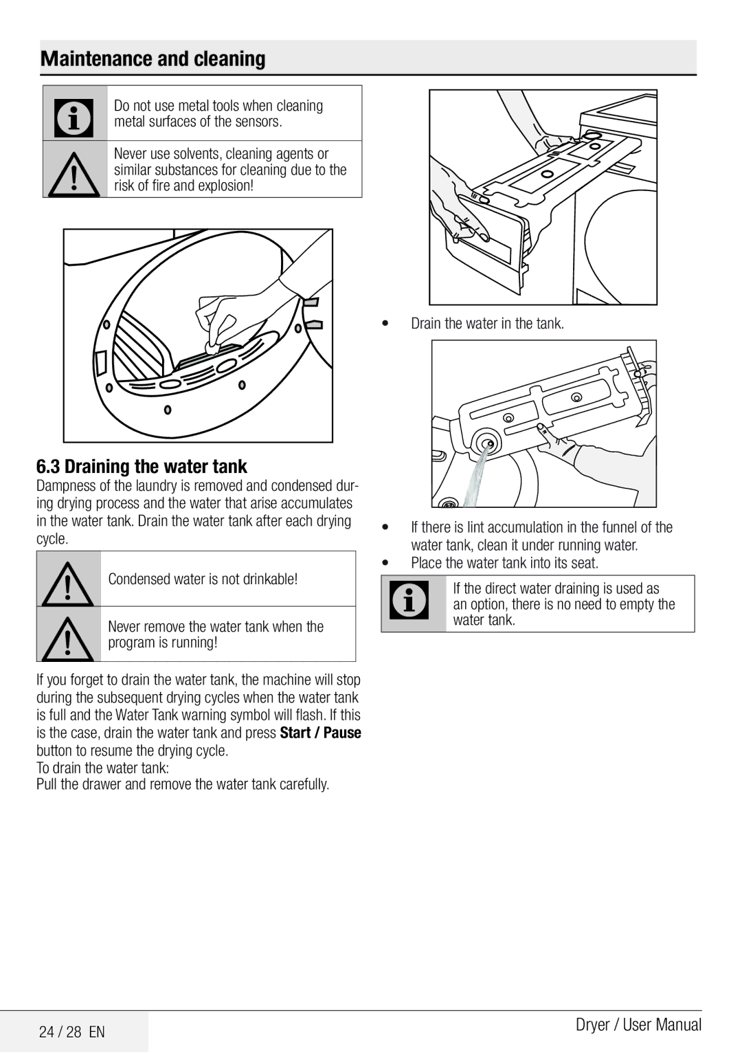 Beko DCY 8502 XB1 user manual Draining the water tank, To drain the water tank, 24 / 28 EN 