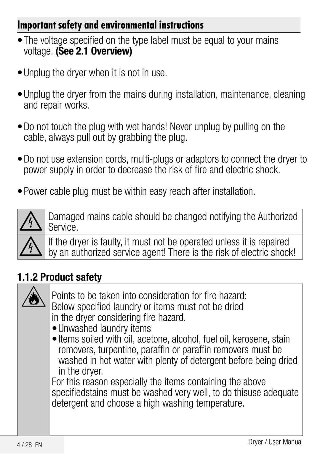 Beko DCY 8502 XB1 user manual Product safety, Unwashed laundry items 