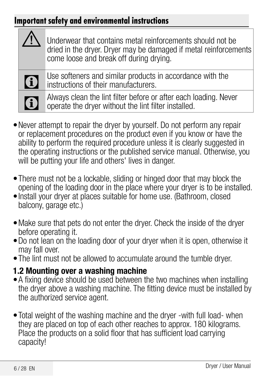 Beko DCY 8502 XB1 user manual Mounting over a washing machine 