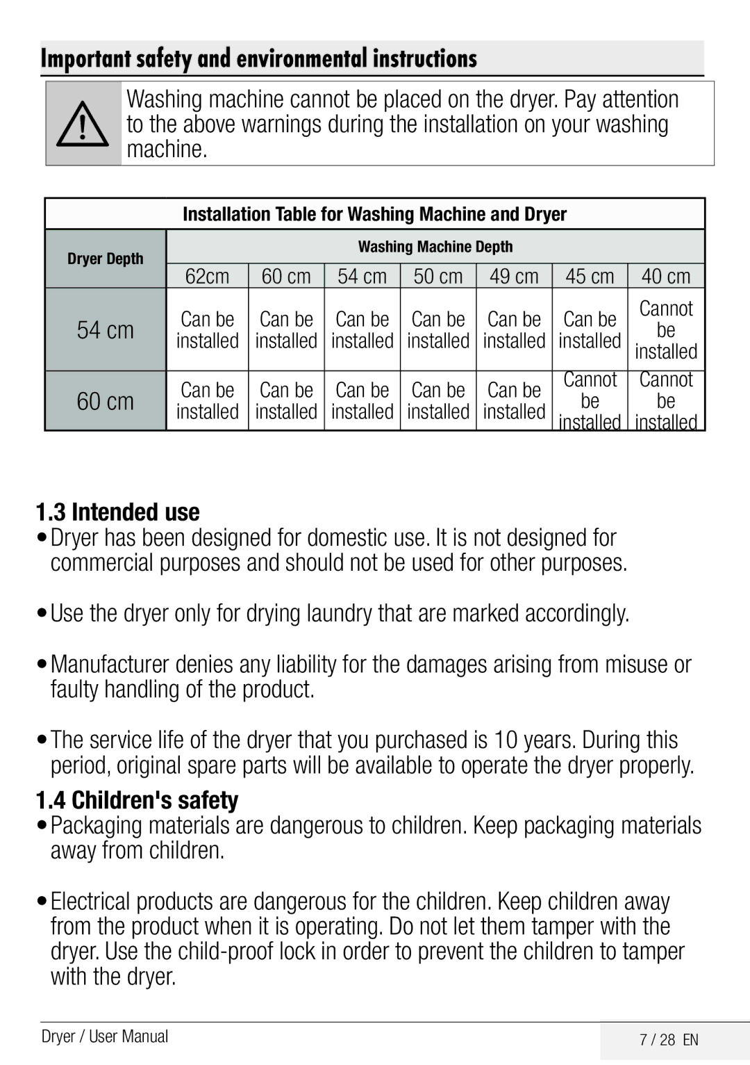 Beko DCY 8502 XB1 Intended use, Installation Table for Washing Machine and Dryer, Dryer Depth Washing Machine Depth 