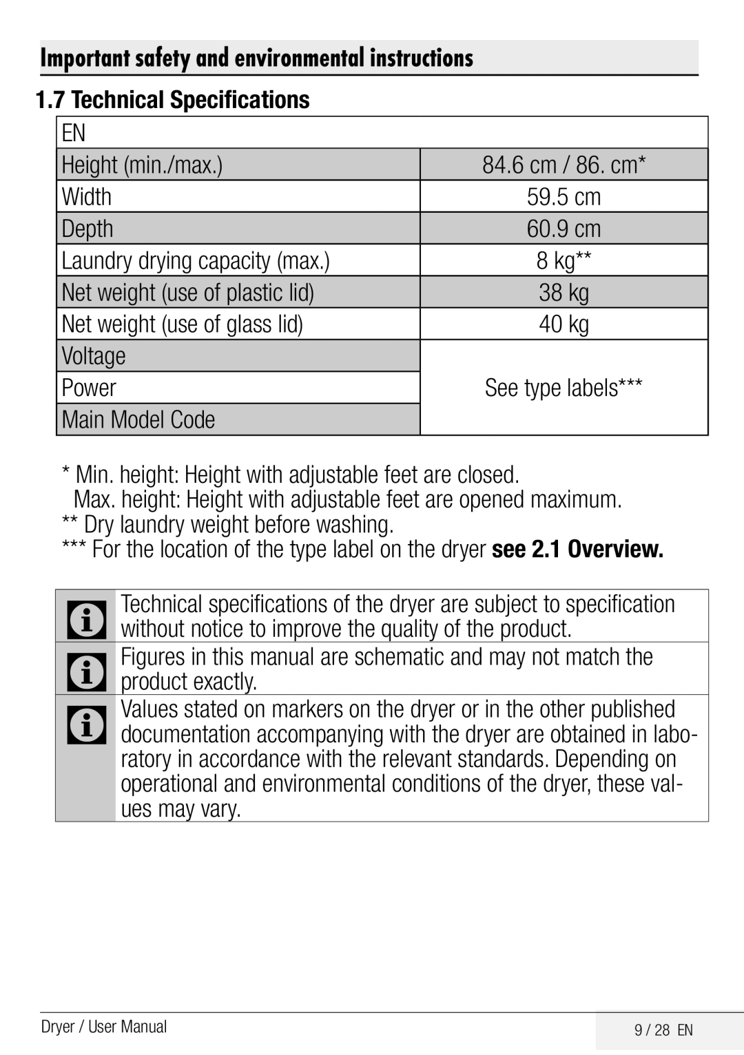 Beko DCY 8502 XB1 user manual Depth, Laundry drying capacity max Net weight use of plastic lid, Net weight use of glass lid 