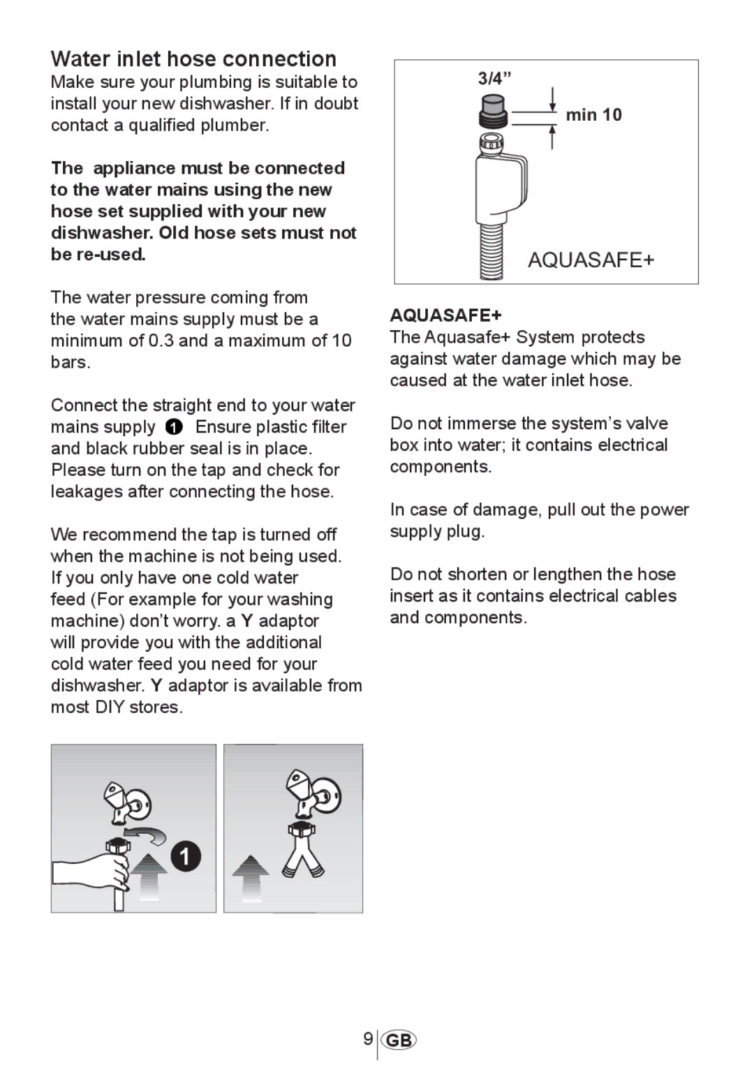 Beko DFN 1000 X manual Water inlet hose connection, Aquasafe+ 