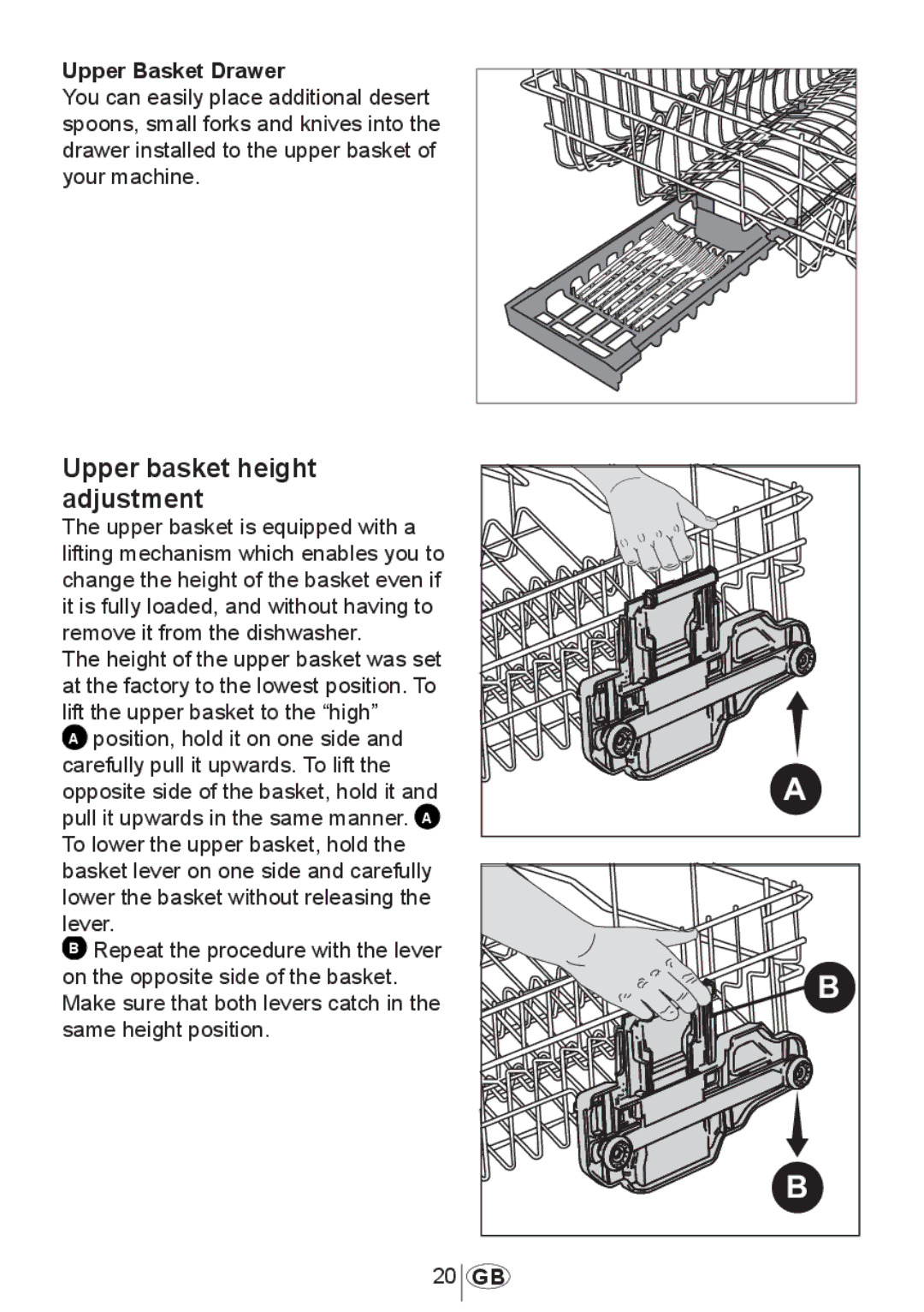 Beko DFN 1000 X manual Upper basket height adjustment, Upper Basket Drawer 