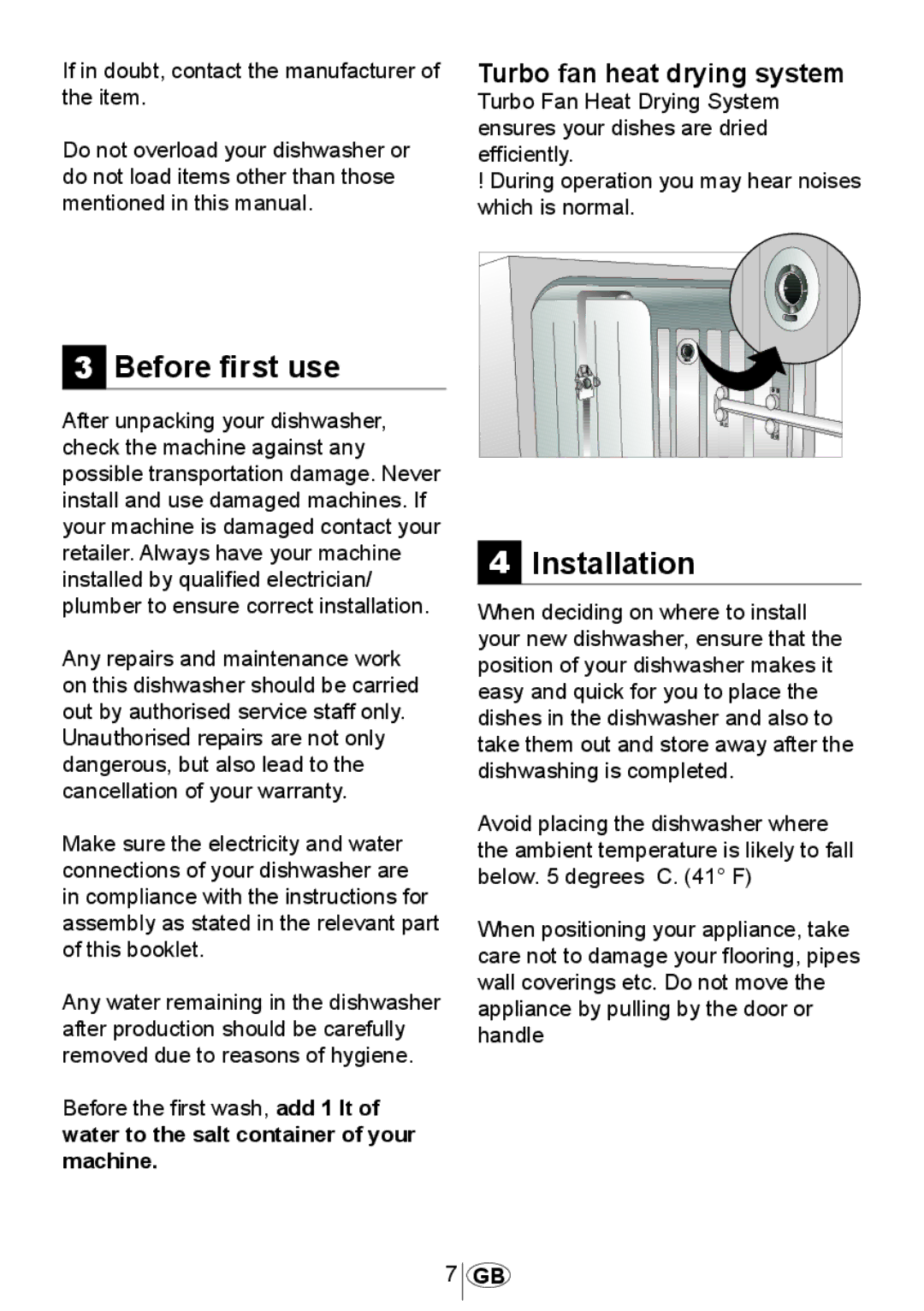 Beko DFN 1000 X manual Before first use, Turbo fan heat drying system 