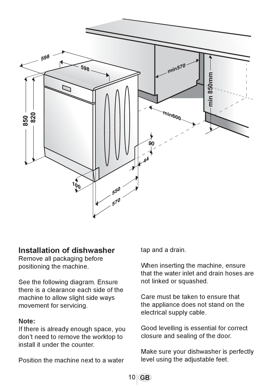 Beko DL1243 manual Installation of dishwasher 