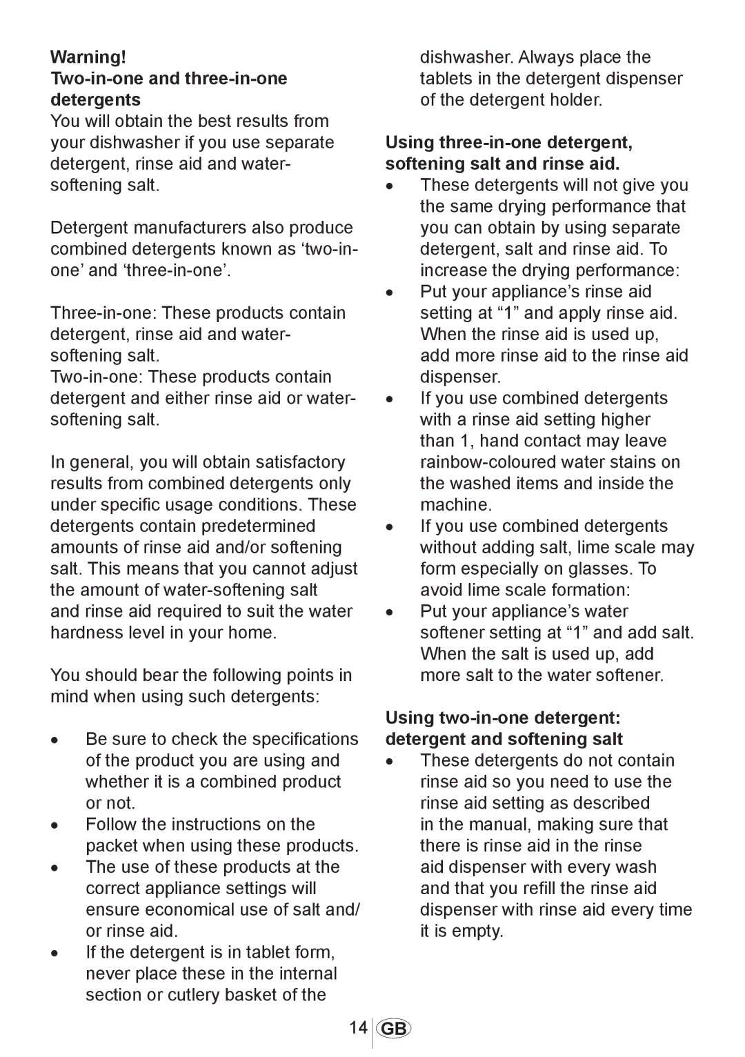 Beko DL1243 manual Two-in-one and three-in-one detergents, Using three-in-one detergent, softening salt and rinse aid 