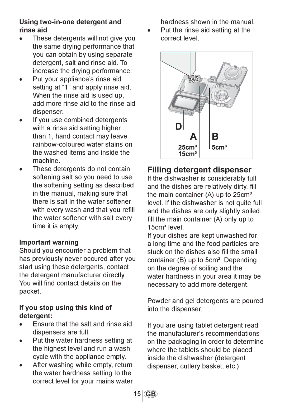 Beko DL1243 manual Filling detergent dispenser, Using two-in-one detergent and rinse aid, Important warning 