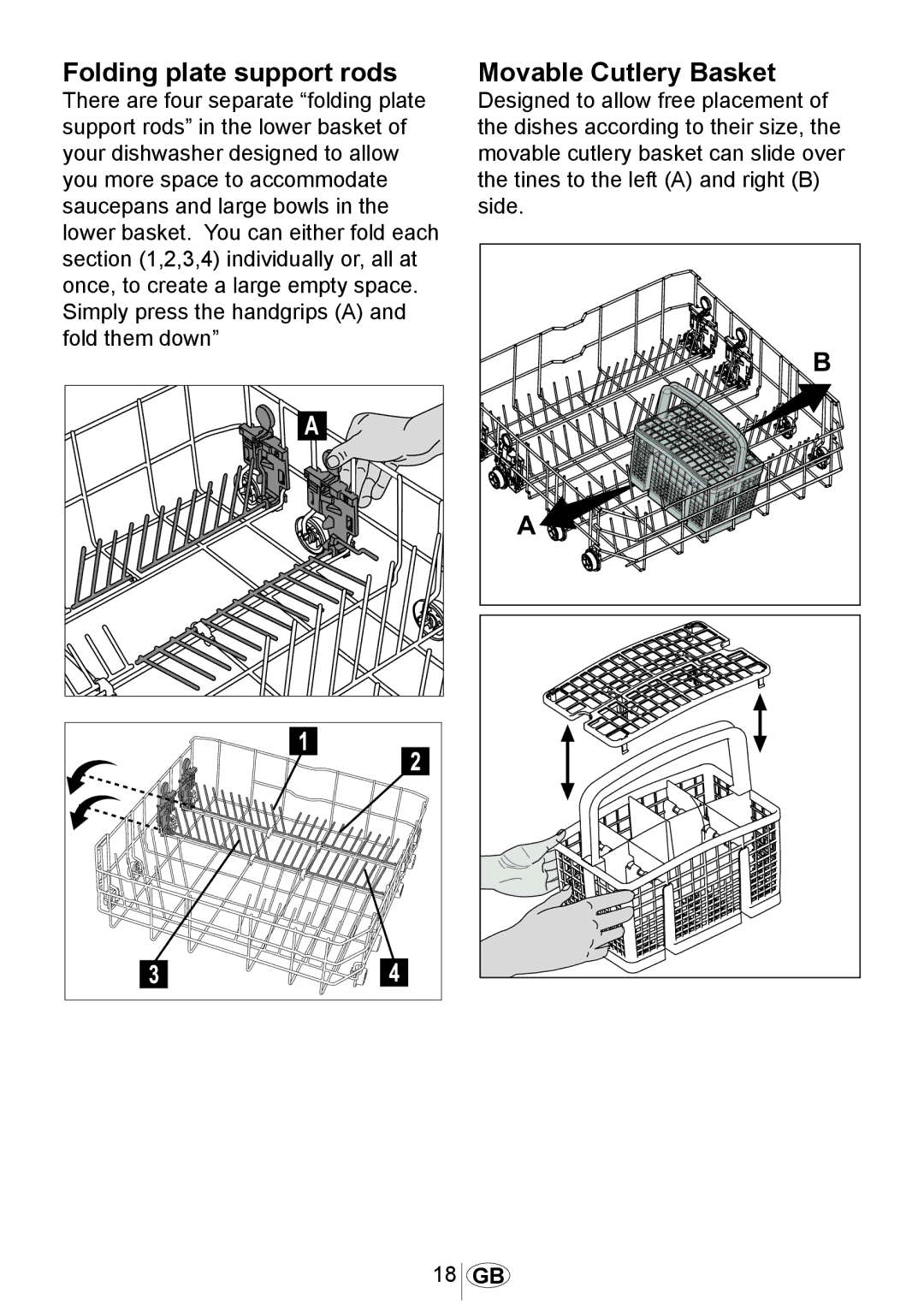 Beko DL1243 manual Folding plate support rods, Movable Cutlery Basket 