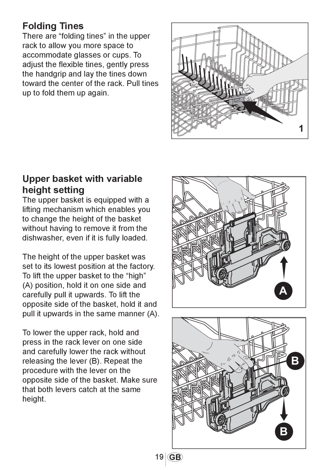 Beko DL1243 manual Folding Tines, Upper basket with variable height setting 