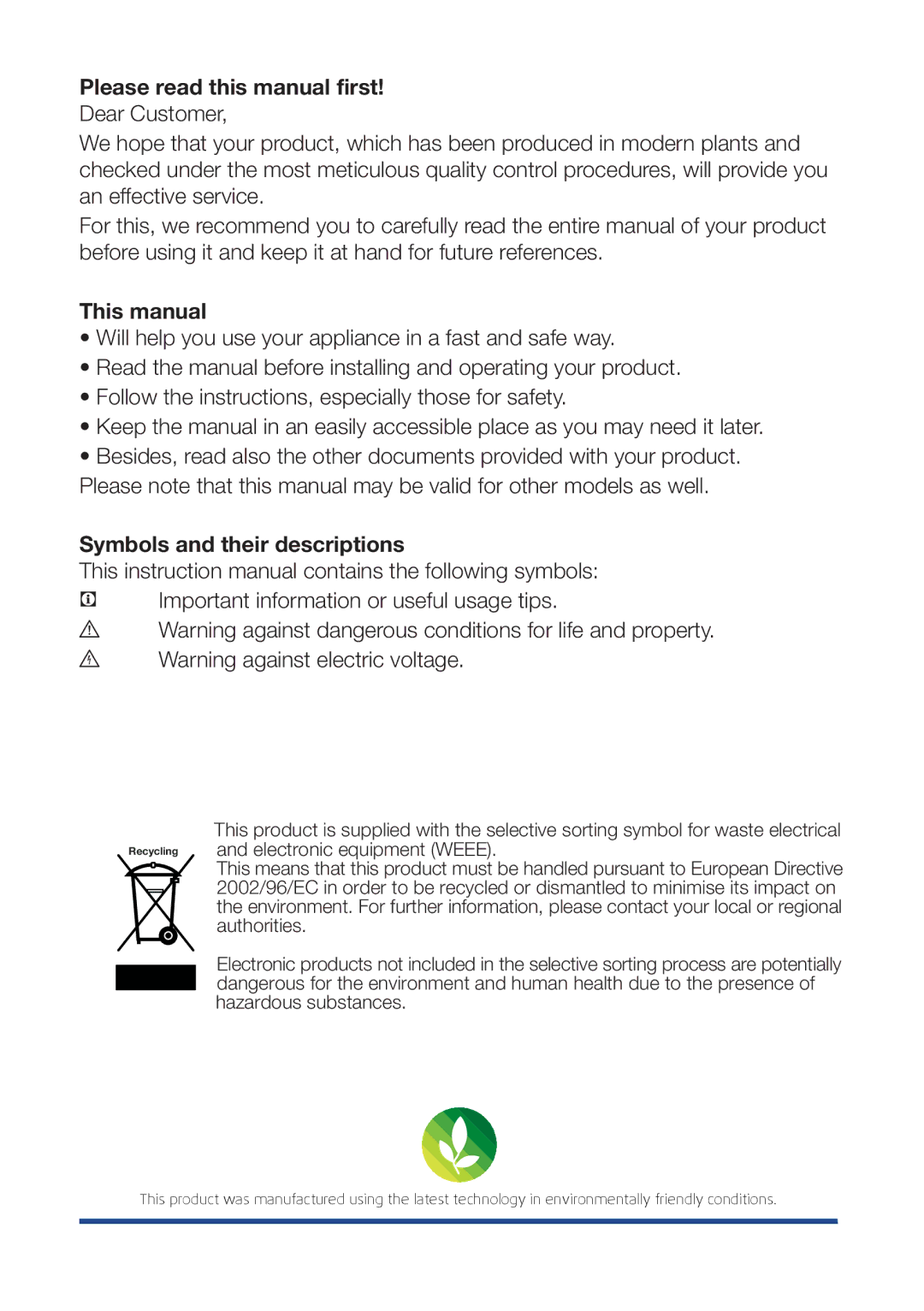 Beko DN 133020 Please read this manual first, This manual, Symbols and their descriptions 