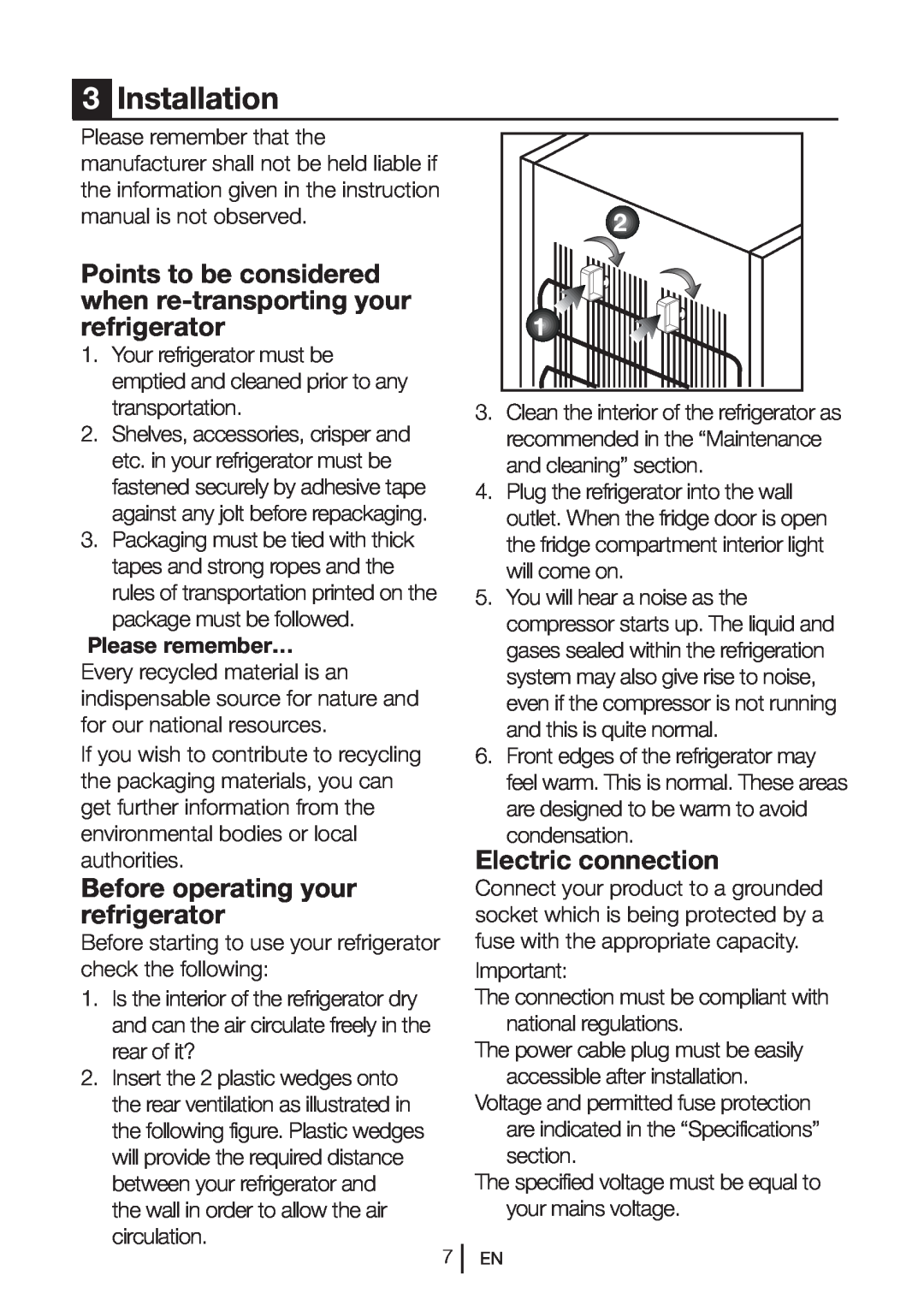 Beko DN 133020 manual Installation, Points to be considered when re-transporting your refrigerator, Electric connection 