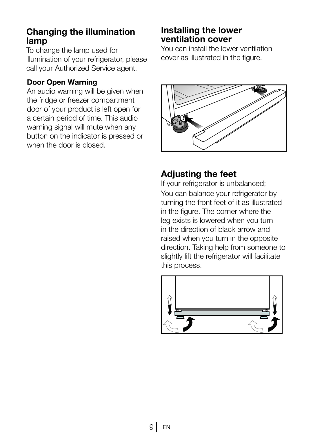 Beko DN 143120 X manual Changing the illumination lamp, Installing the lower ventilation cover, Adjusting the feet 