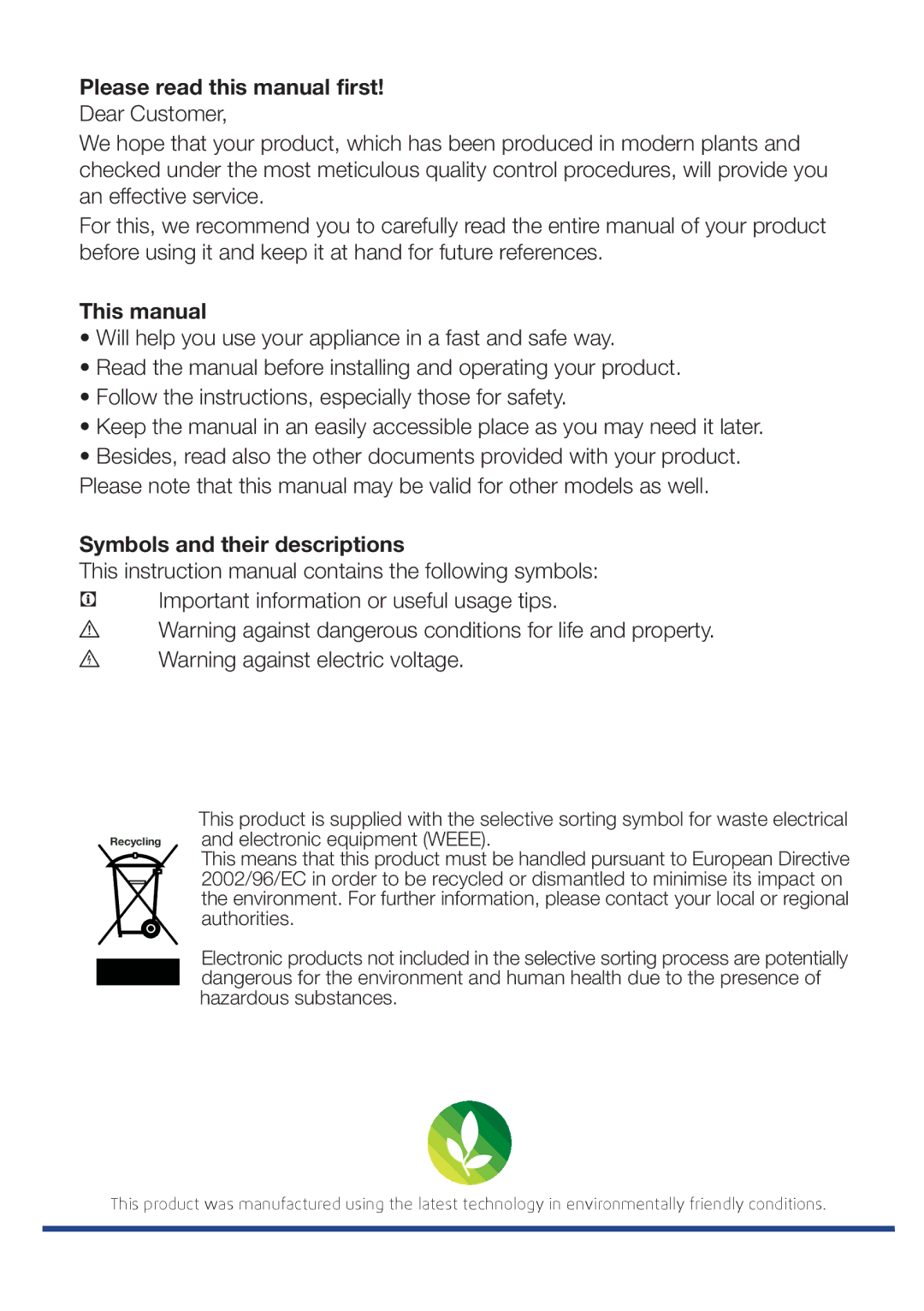 Beko DN 143120 X Please read this manual first, This manual, Symbols and their descriptions 