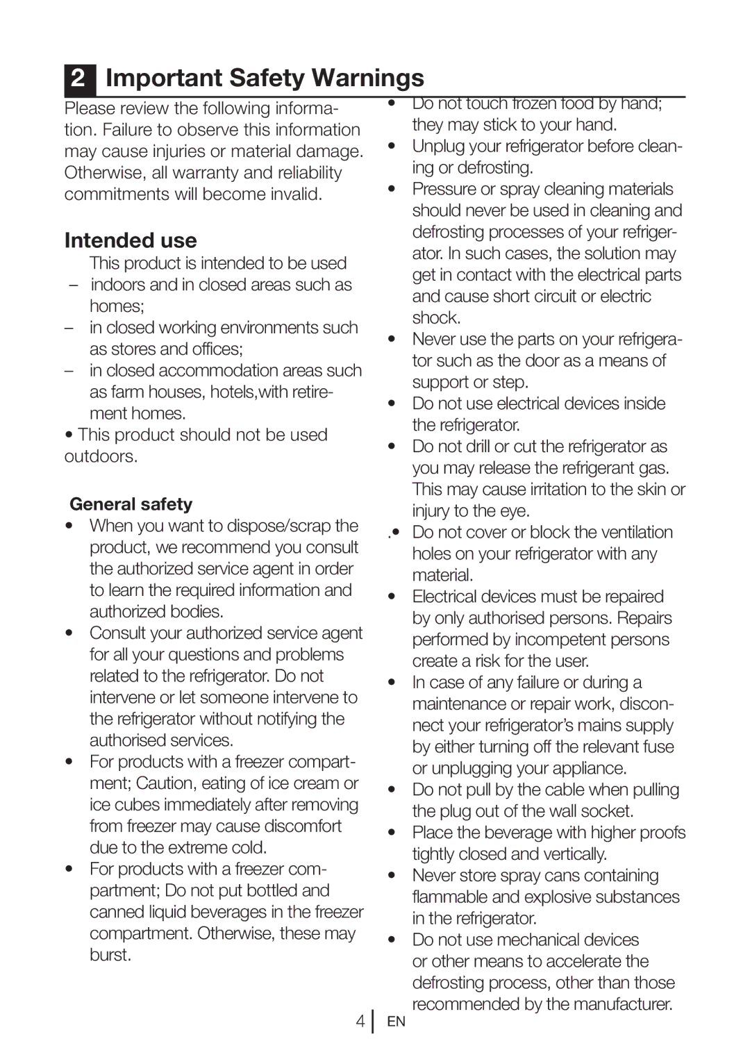 Beko DN 143120 X manual Important Safety Warnings, Intended use, General safety 