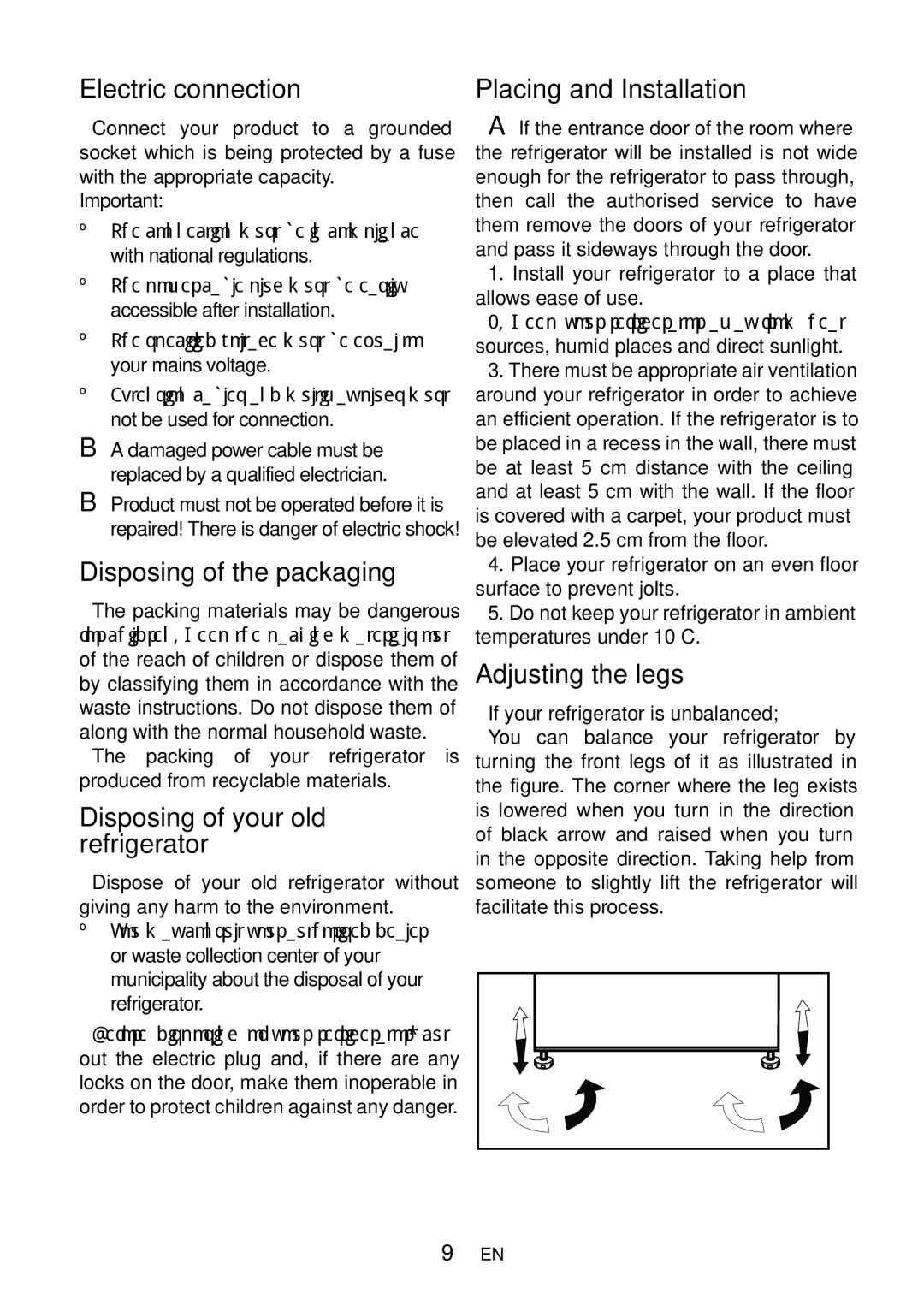 Beko DN151120 Electric connection, Disposing of the packaging, Disposing of your old refrigerator, Adjusting the legs 
